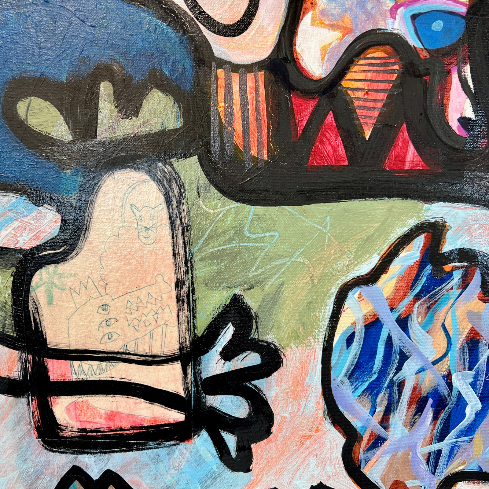 Detail von The Wild Gathering mit abstrahierten Figuren, Fischform, Krone und lebendigen Farbflächen