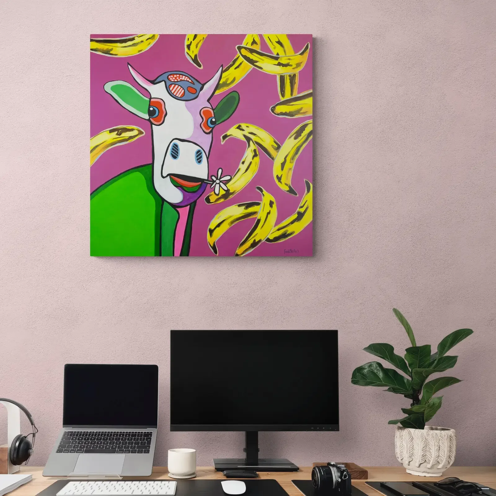 Baby Meets Andy von Fredi Gertsch, Pop Art Acrylgemälde als Wandbild im modernen Homeoffice, 2024