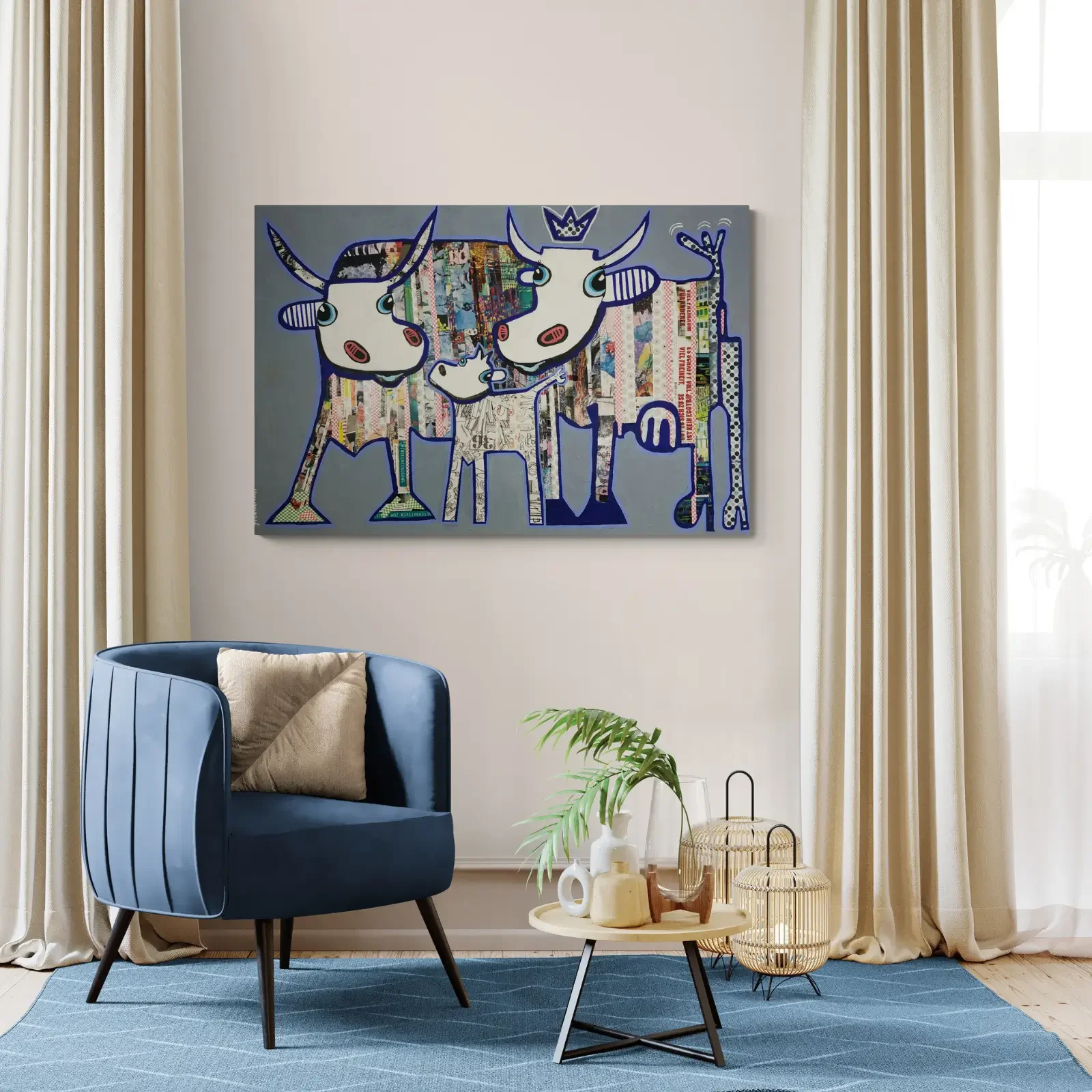 We Are Family – Blue Harmony Edition, Acryl Collage von Fredi Gertsch, Wandbild im modernen Wohnzimmer, Schweizer Kunst, 2020