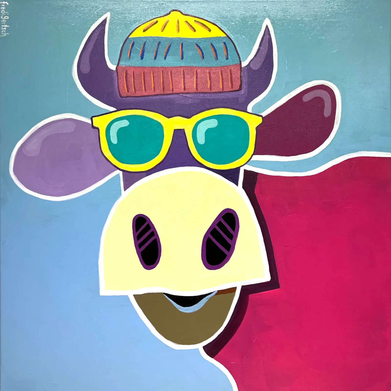 VogelLisi – SunnyGirl, Pop Art Acrylgemälde auf Leinwand mit Kuh, gelber Sonnenbrille und Mütze, Fredi Gertsch, 2022