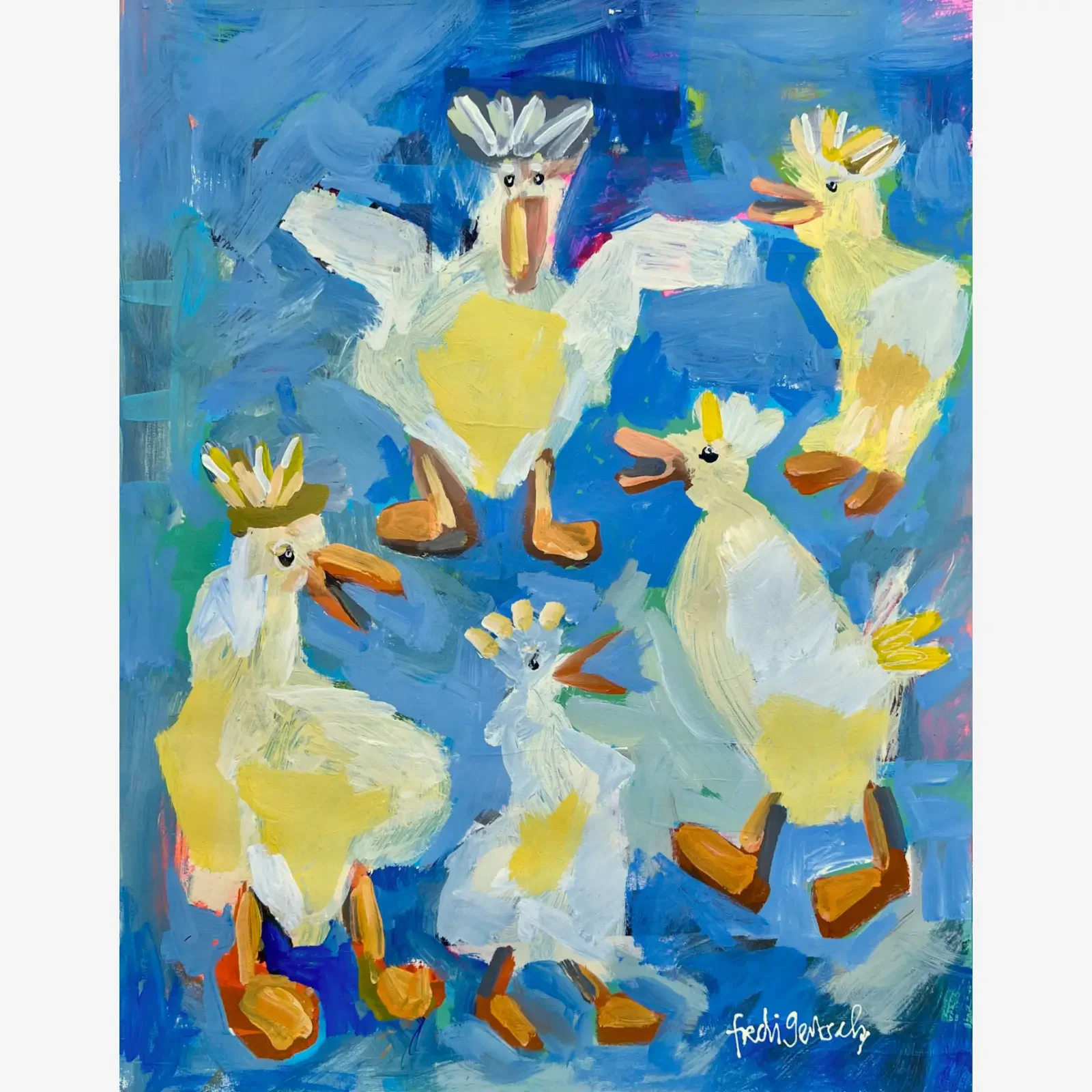 Vogeltanz im Himmelblau, Pop Art Acrylgemälde auf Papier mit tanzenden Vögeln und blauen Himmel, Fredi Gertsch, 2024