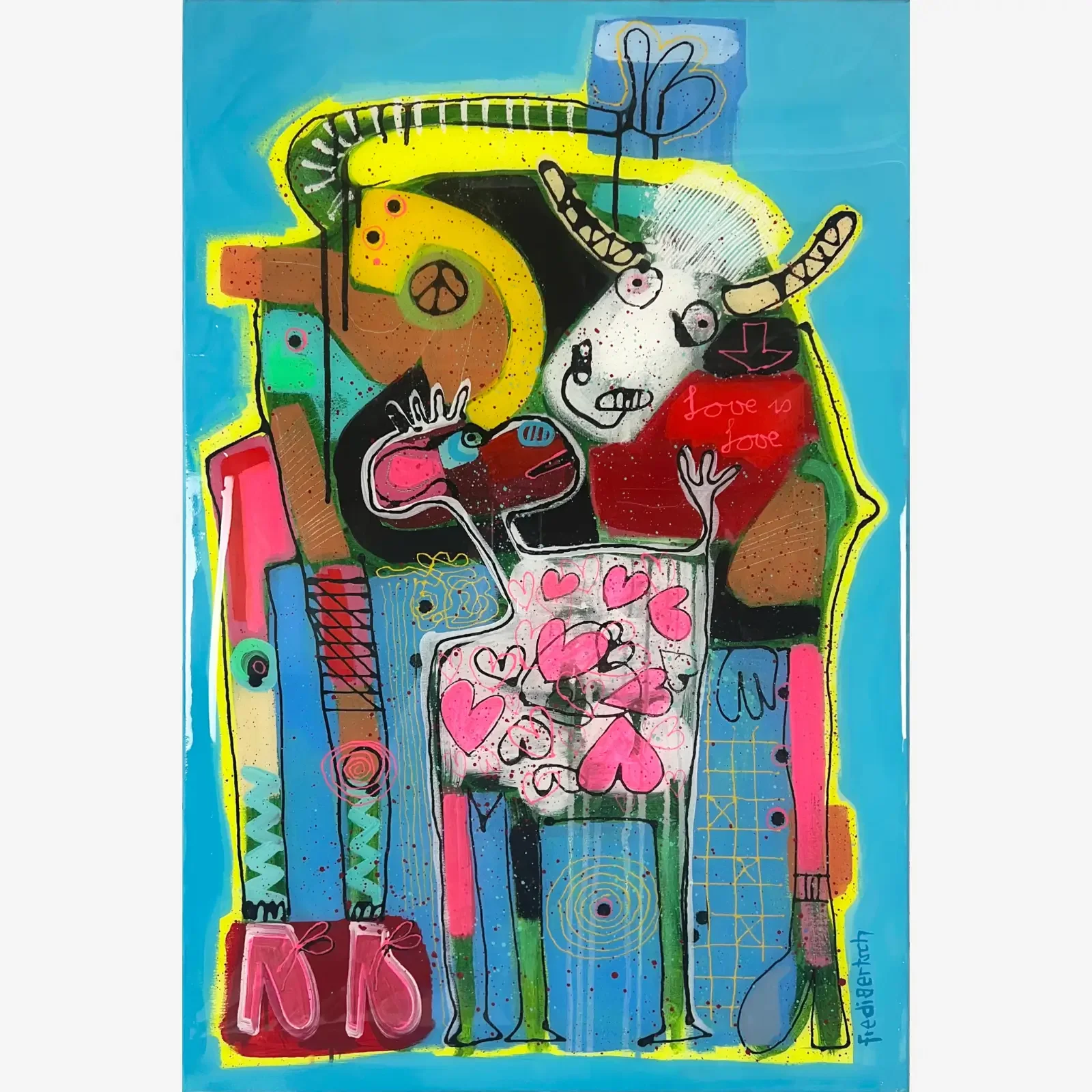 BabyMum – Love Is Love, Pop Art Acrylgemälde auf Leinwand mit Kuhmutter, Kalb, vielen Herzen und bunten Farben, Acrylharz versiegelt, Fredi Gertsch, 2024