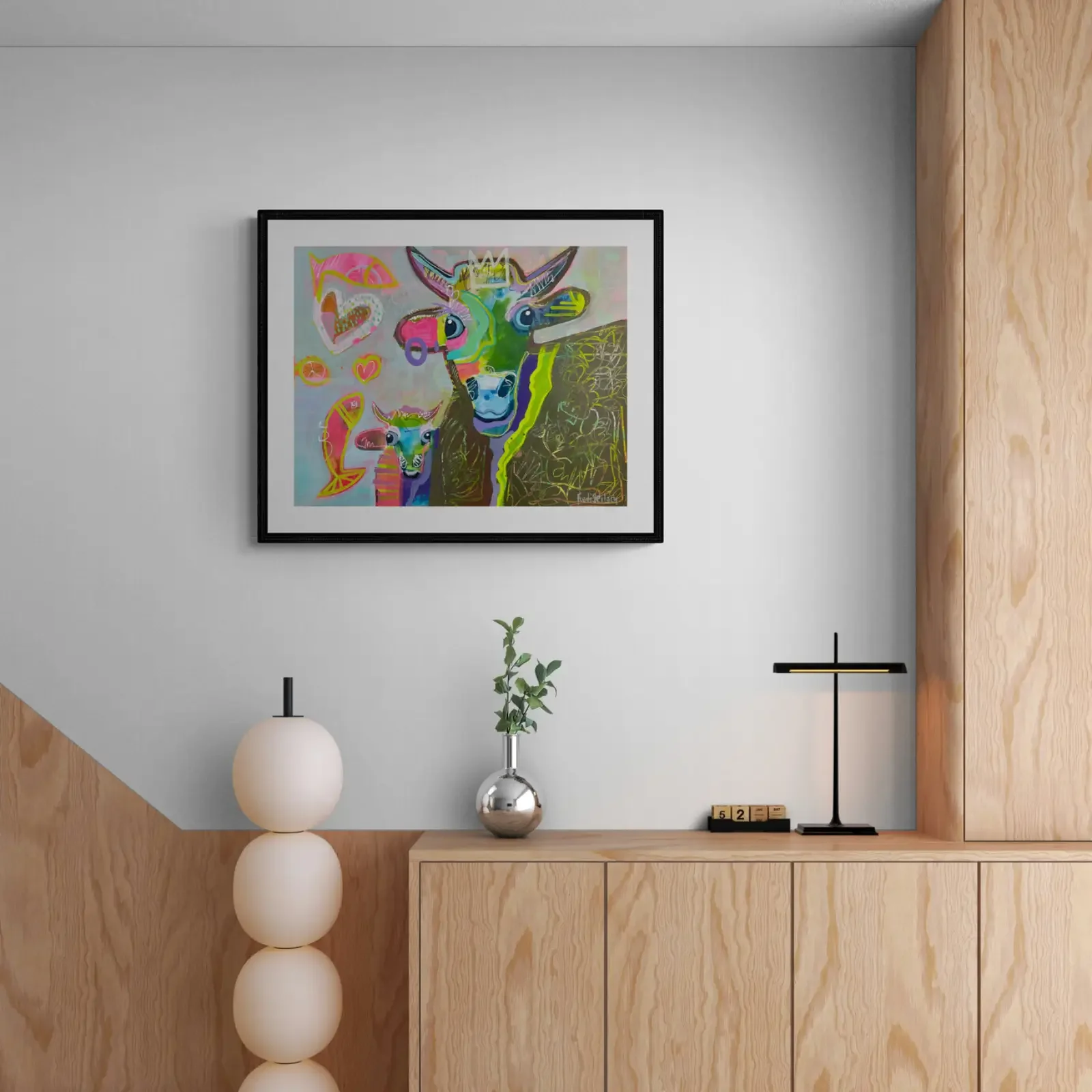 Baby Mum Helsinki, Pop Art Acrylgemälde von Fredi Gertsch, Wandbild im modernen Flur, Schweizer Kunst, 2024