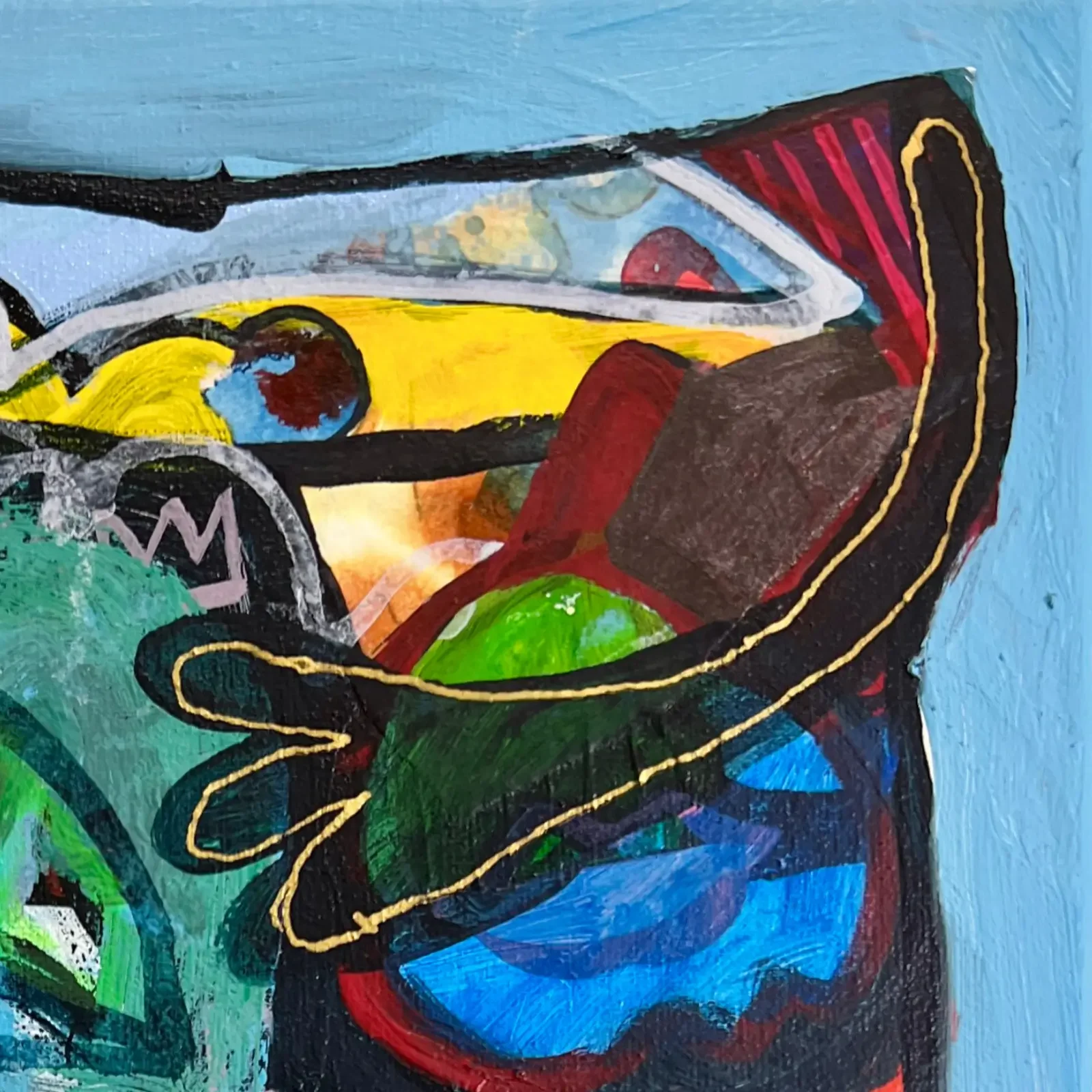 Detail bunte Farbflächen und schwarze Linien, Pop Art Acrylgemälde Blue Crown Cow, Fredi Gertsch, 2026