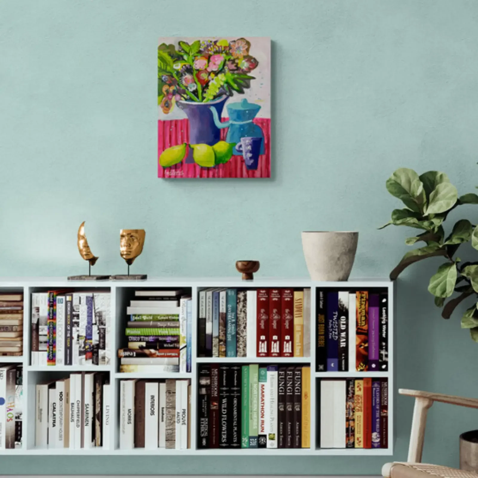 Blumenfrühstück am Fenster von Fredi Gertsch, Pop Art Acrylgemälde als Wandbild im Wohnzimmer, 2024