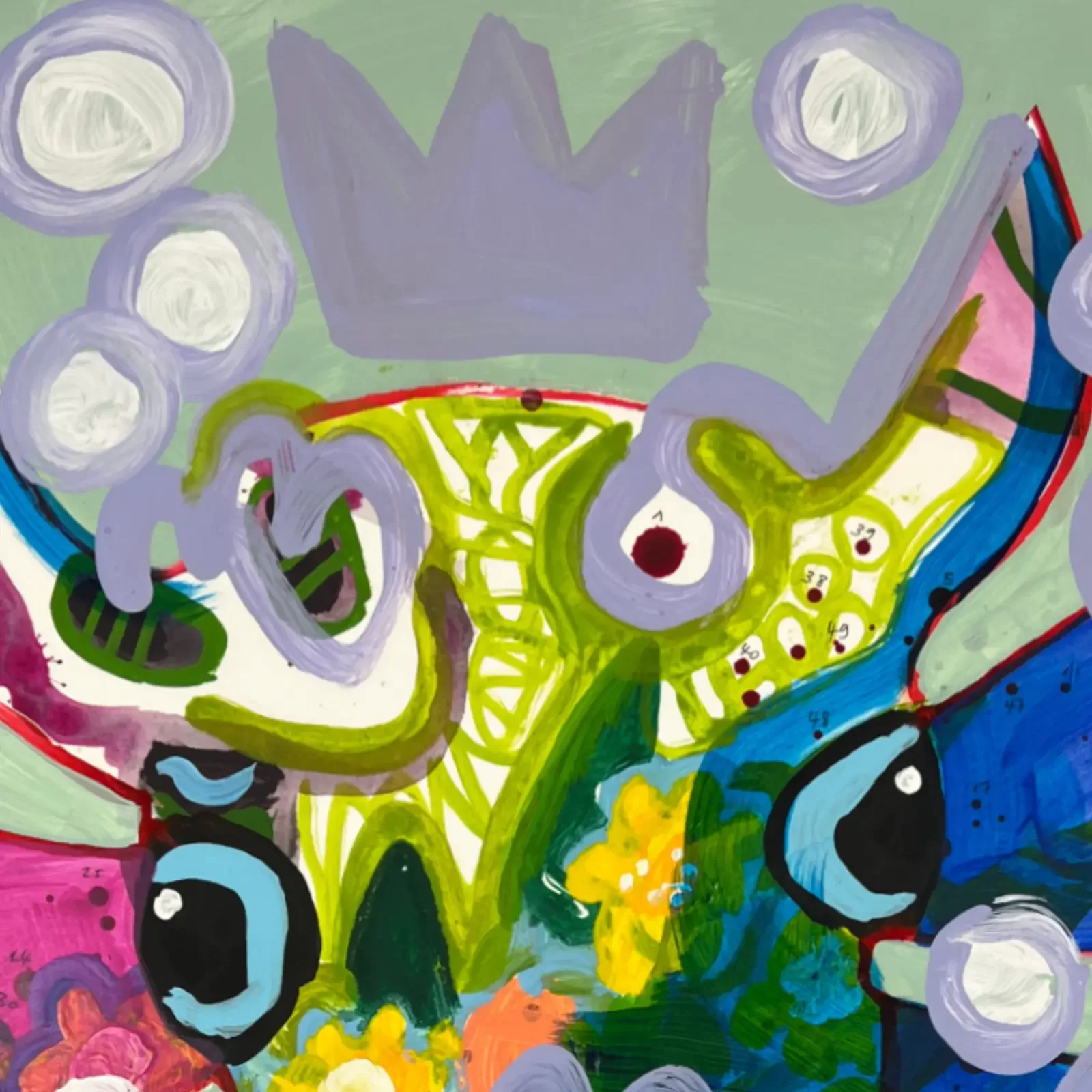 Detail VogelLisi-Kopf mit Krone und Punkten, Pop Art Acrylgemälde VogelLisi – No Planet, No Party, Fredi Gertsch, 2026