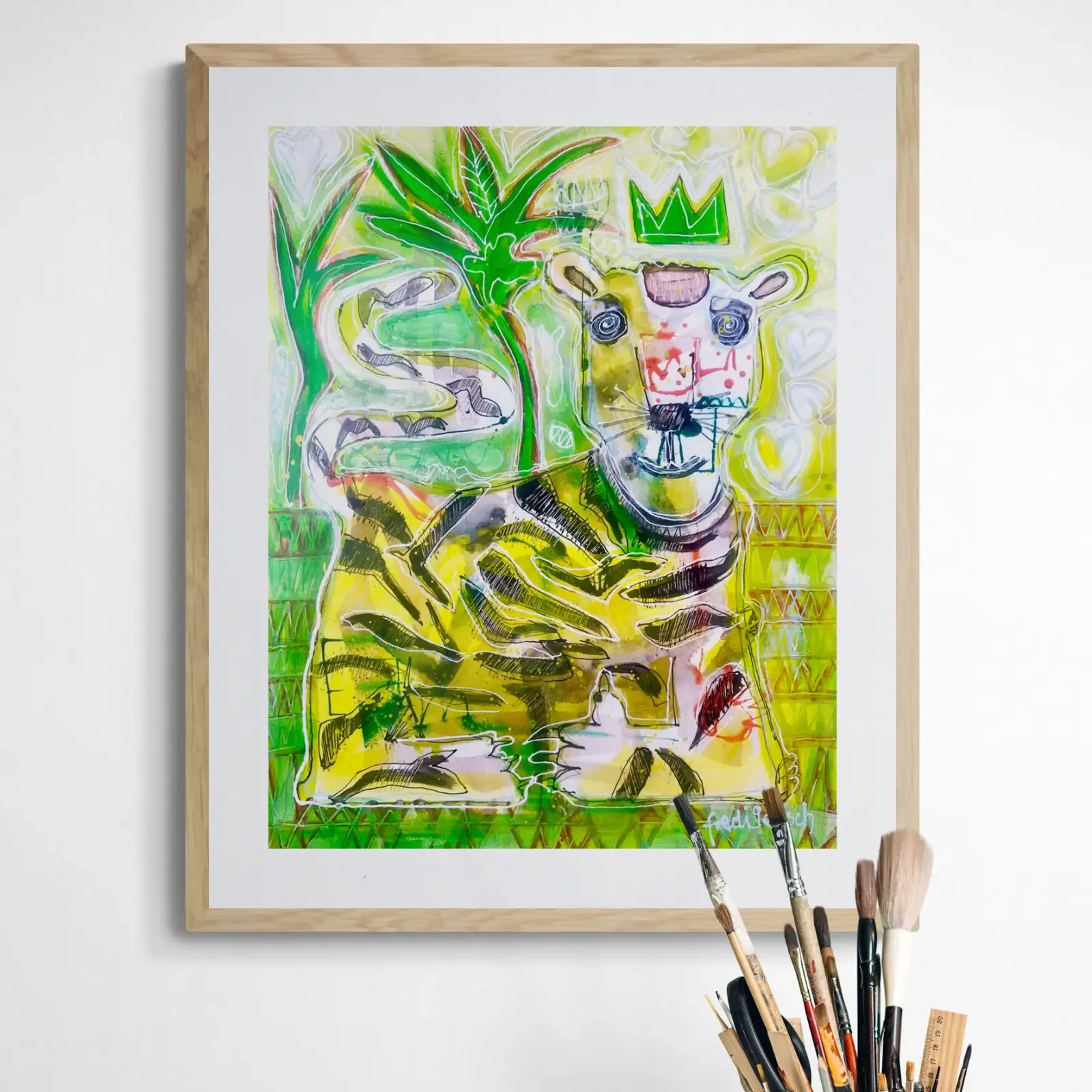 Dschungelkönigin, Pop Art Acrylgemälde von Fredi Gertsch, gerahmt ausgestellt, Schweizer Kunst, 2024