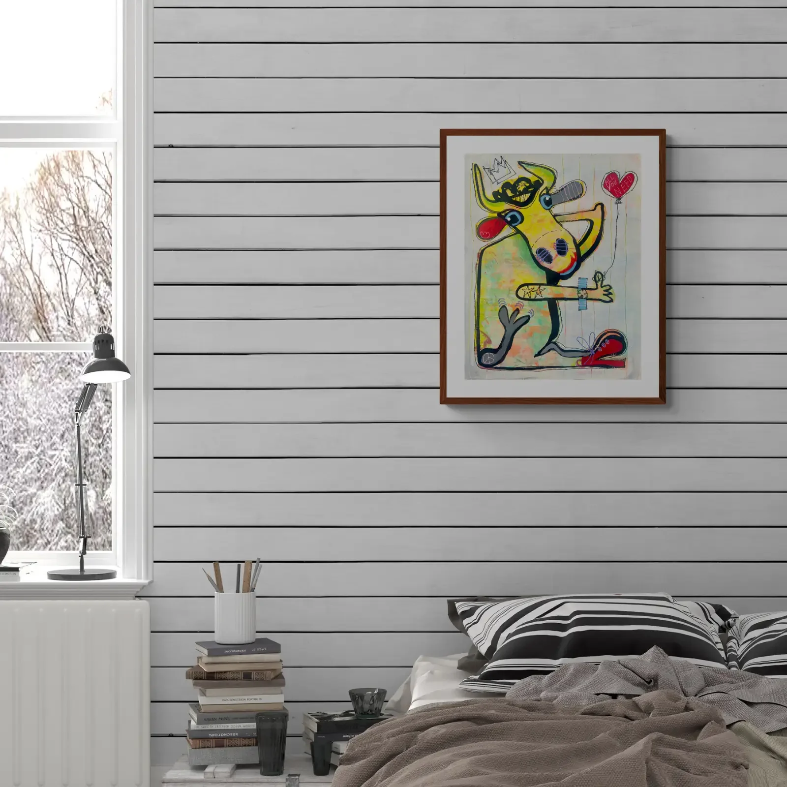 Baby Love Balloon Gemälde von Fredi Gertsch, Pop Art Kuh mit Herz, Wandbild im modernen Wohnzimmer, 2026