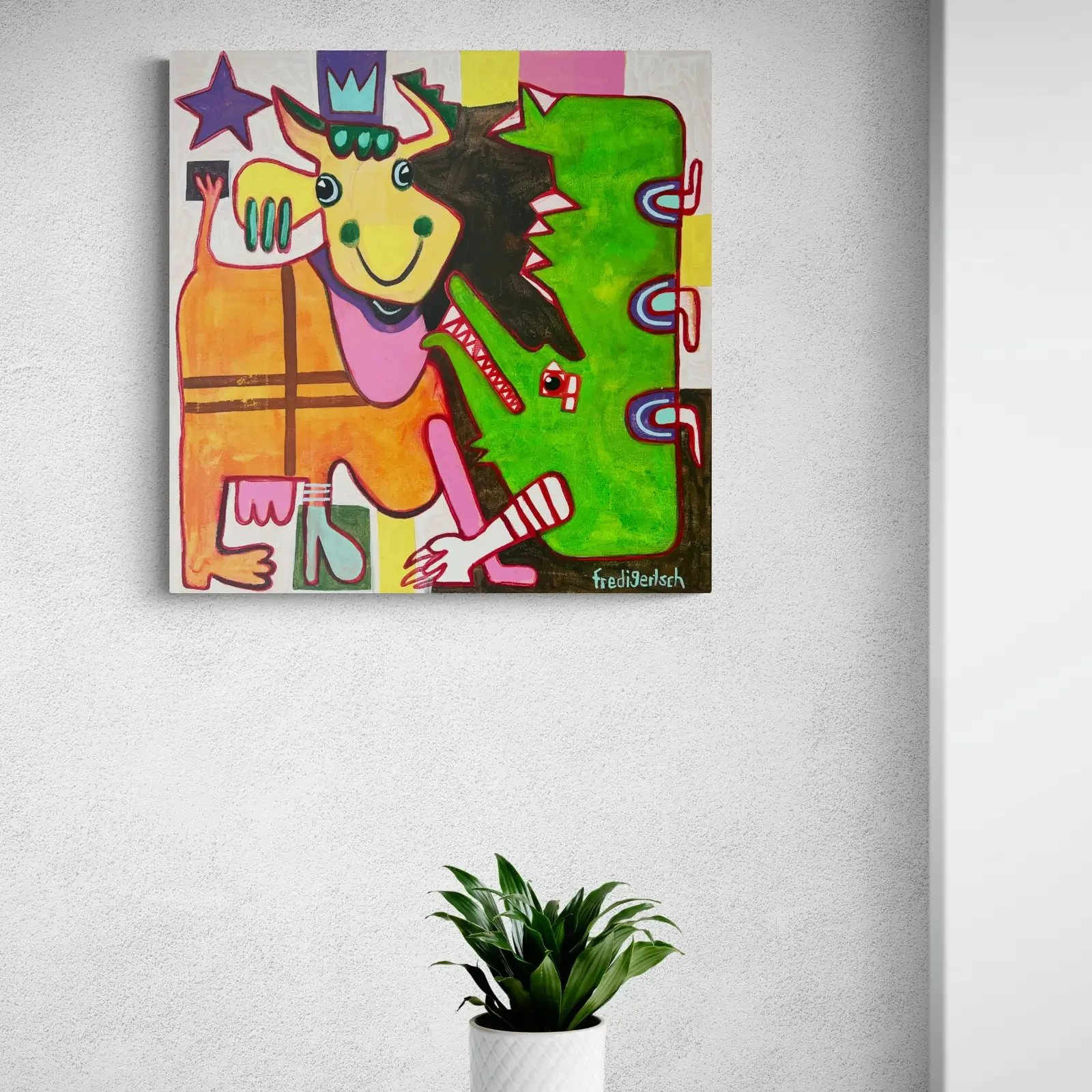 Crocodile Dundee von Fredi Gertsch, Pop Art Acrylgemälde als Wandbild im Wohnzimmer, 2023