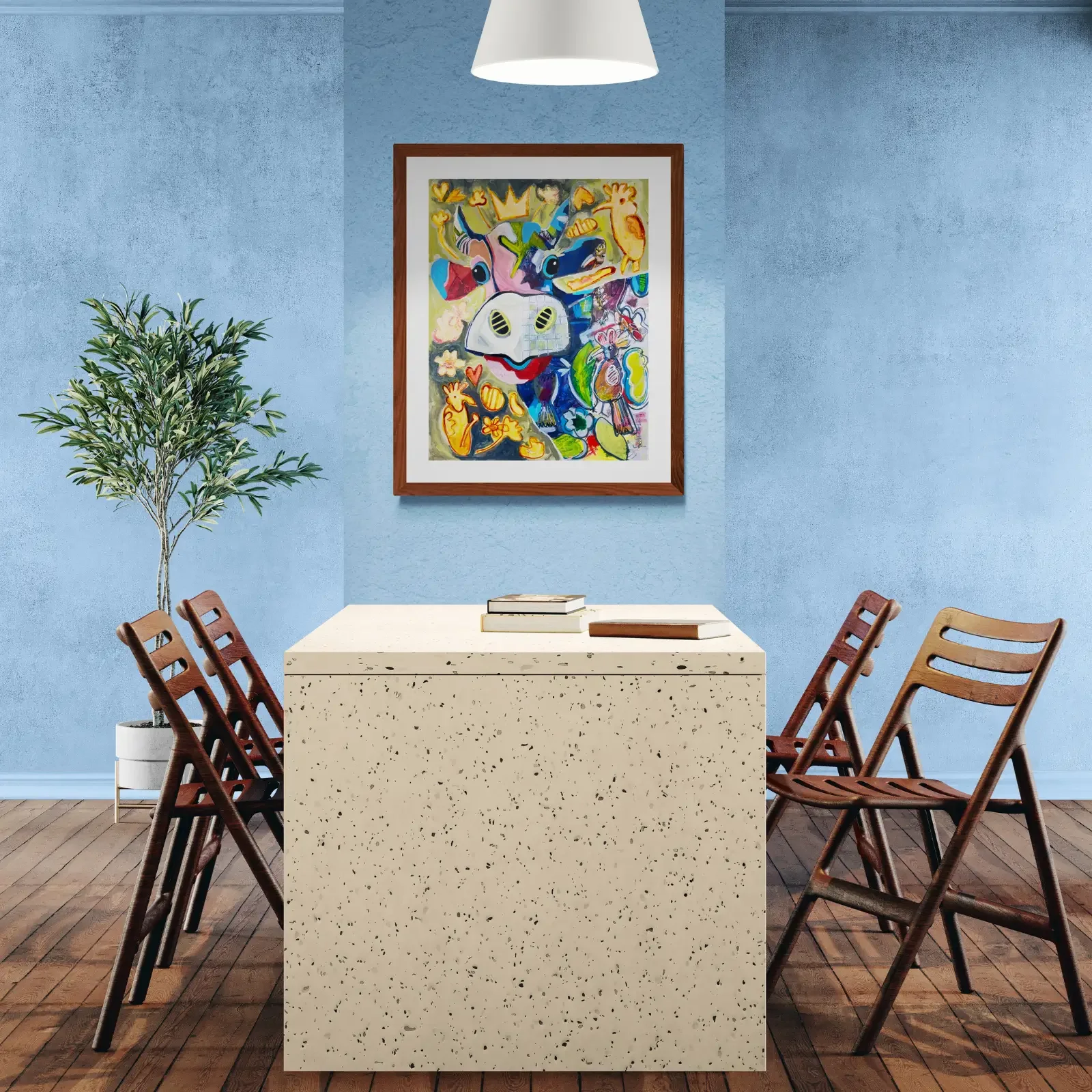 Detail bunte Kuh mit Krone, Pop Art Acrylgemälde VogelLisi – Golden Birds, Fredi Gertsch, 2026