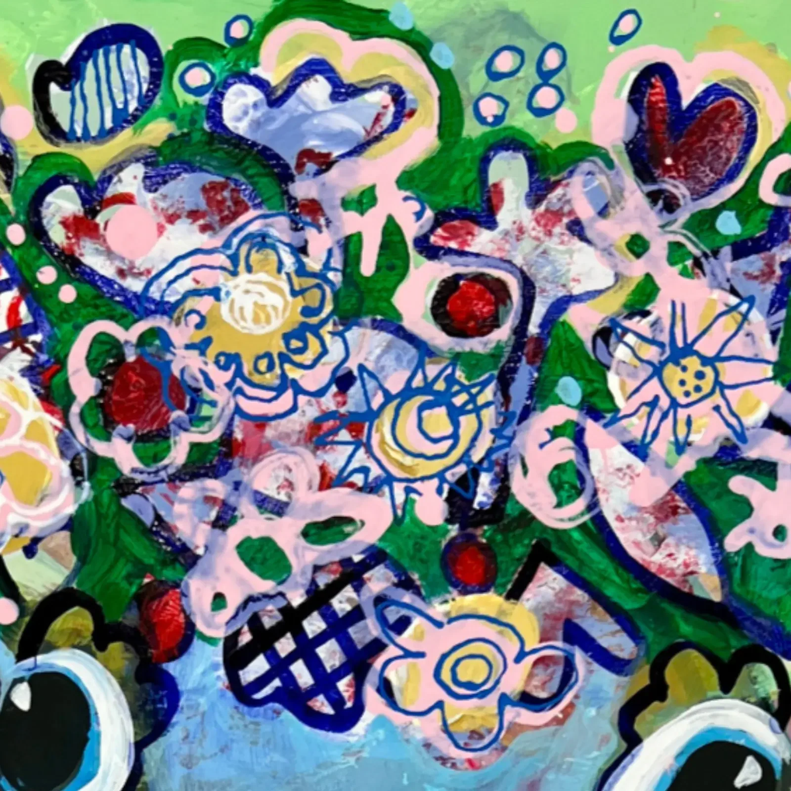 Detail Blumen, Herzen und bunte Muster, Pop Art Acrylgemälde VogelLisi – Flower Mind, Fredi Gertsch, 2026