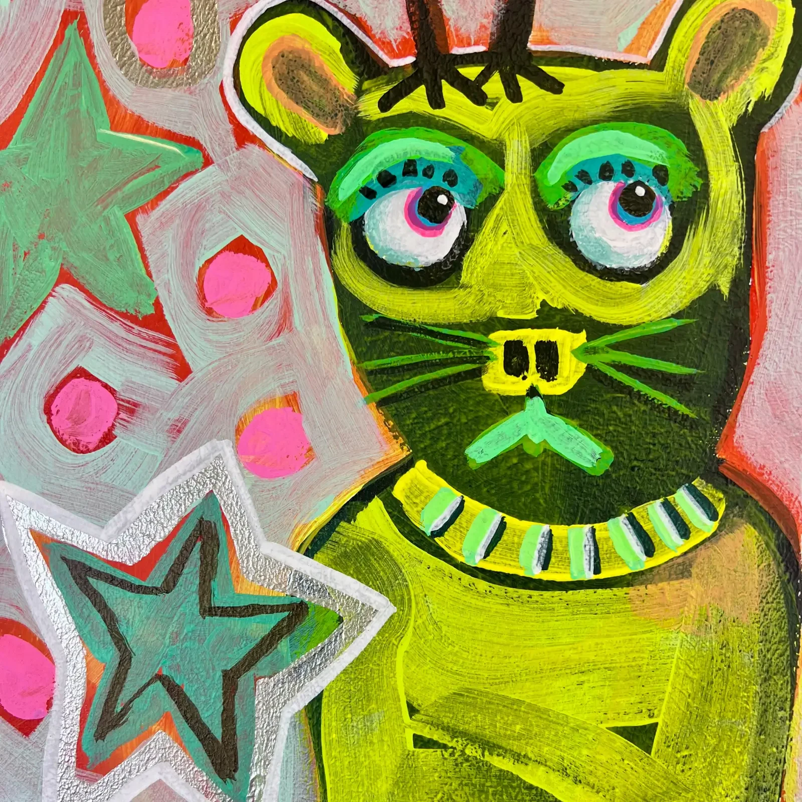 Detail grüner Bär und Sterne, Pop Art Acrylgemälde No Milk Today, Fredi Gertsch, 2024