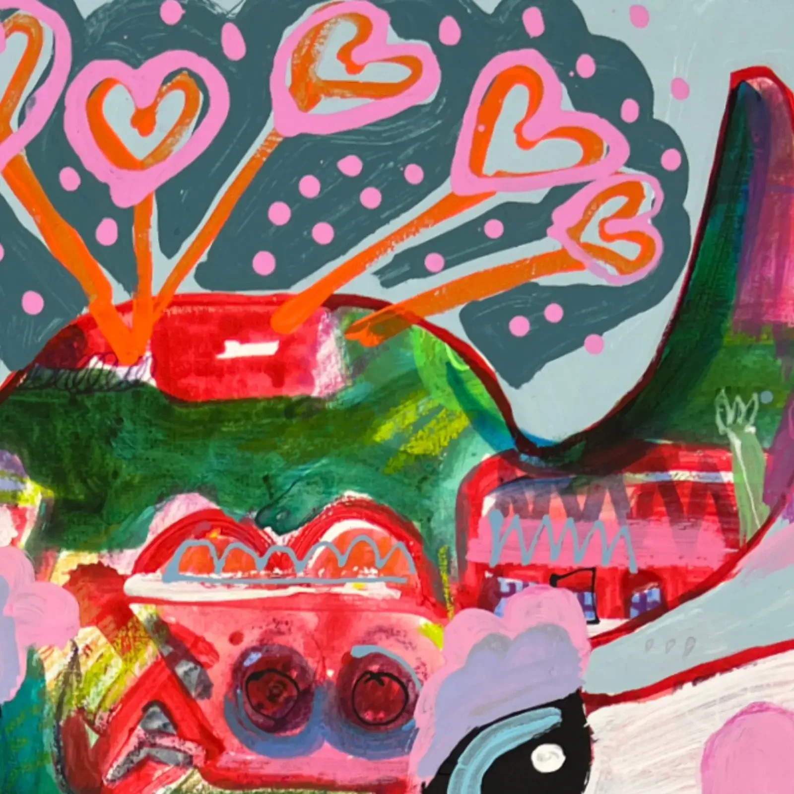 Detail Krone mit Herzen, Pop Art Acrylgemälde VogelLisi – Ich lasse los, um zu bleiben, Fredi Gertsch, 2026