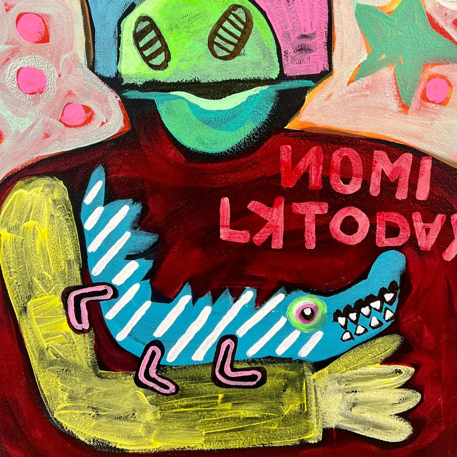 Detail Bär mit Schriftzug und Krokodil, Pop Art Acrylgemälde No Milk Today, Fredi Gertsch, 2024