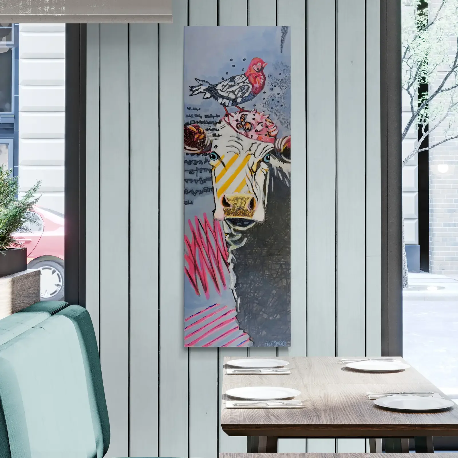 Baby Bird von Fredi Gertsch, Pop Art Acrylgemälde als hochformatiges Wandbild im Esszimmer, 2023