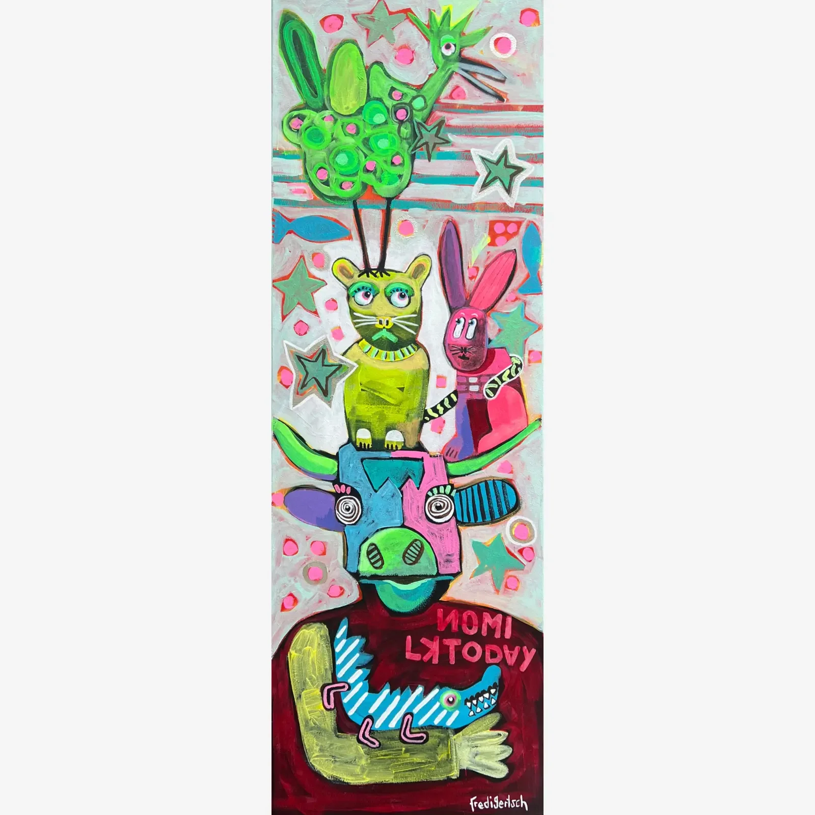 No Milk Today, Pop Art Acrylgemälde auf Leinwand im Hochformat mit grünem Bär, Hase, Drachen und Sternen, Fredi Gertsch, 2024