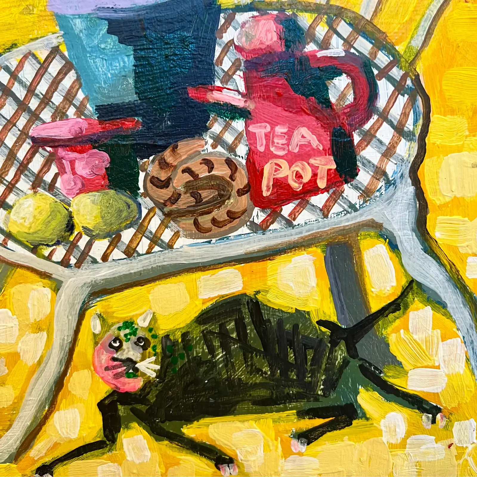 Detail Teekanne mit Schrift "Tea Pot" und Keks, Pop Art Acrylgemälde Tea Time im Blütenzimmer, Fredi Gertsch, 2024