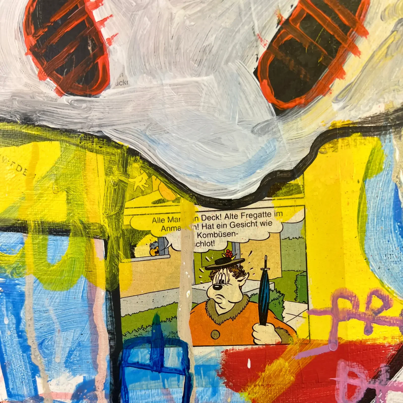 Detail Collage mit Comic-Element, Pop Art Acrylgemälde Partytime, Fredi Gertsch, 2024