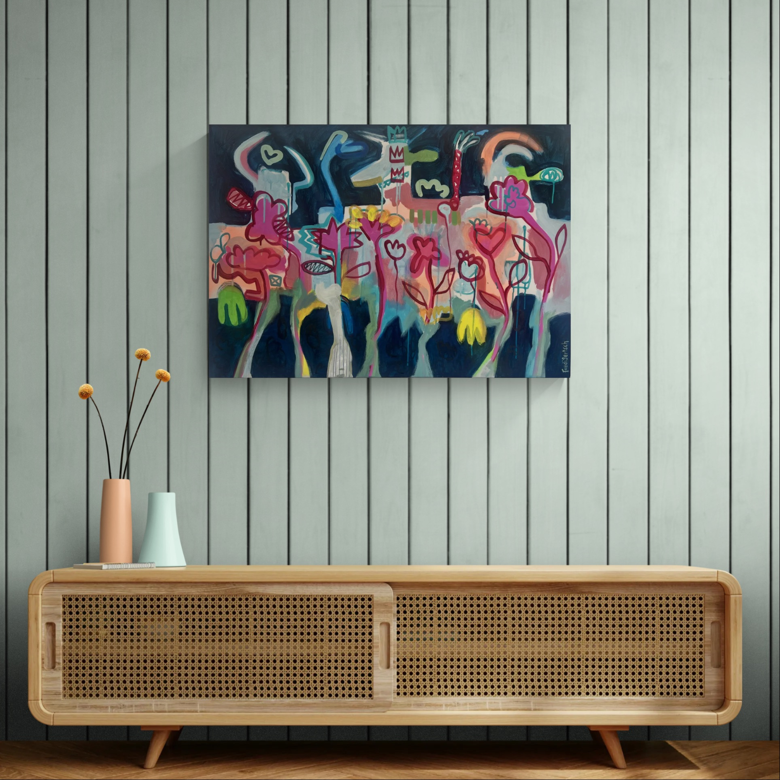 Originalkunstwerk Happy Rebels – Bloom Together als farbenfroher Blickfang in modernem Wohnambiente.