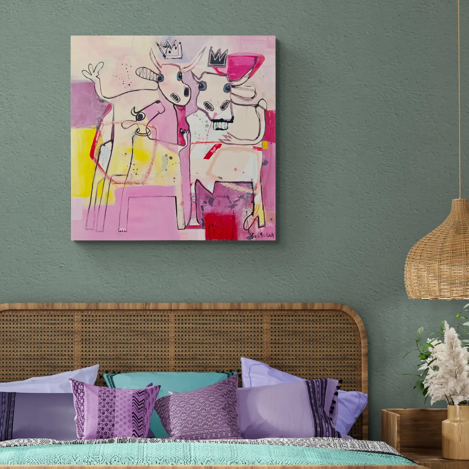 We Are Family von Fredi Gertsch, Pop Art Acrylgemälde als Wandbild im modernen Schlafzimmer, 2024