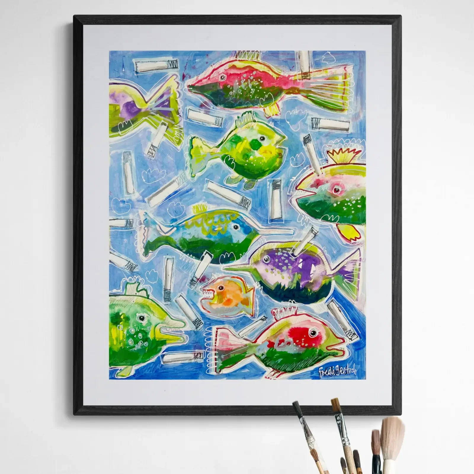 Im Schwarm allein, Pop Art Acrylgemälde von Fredi Gertsch, gerahmt ausgestellt, Schweizer Kunst, 2024