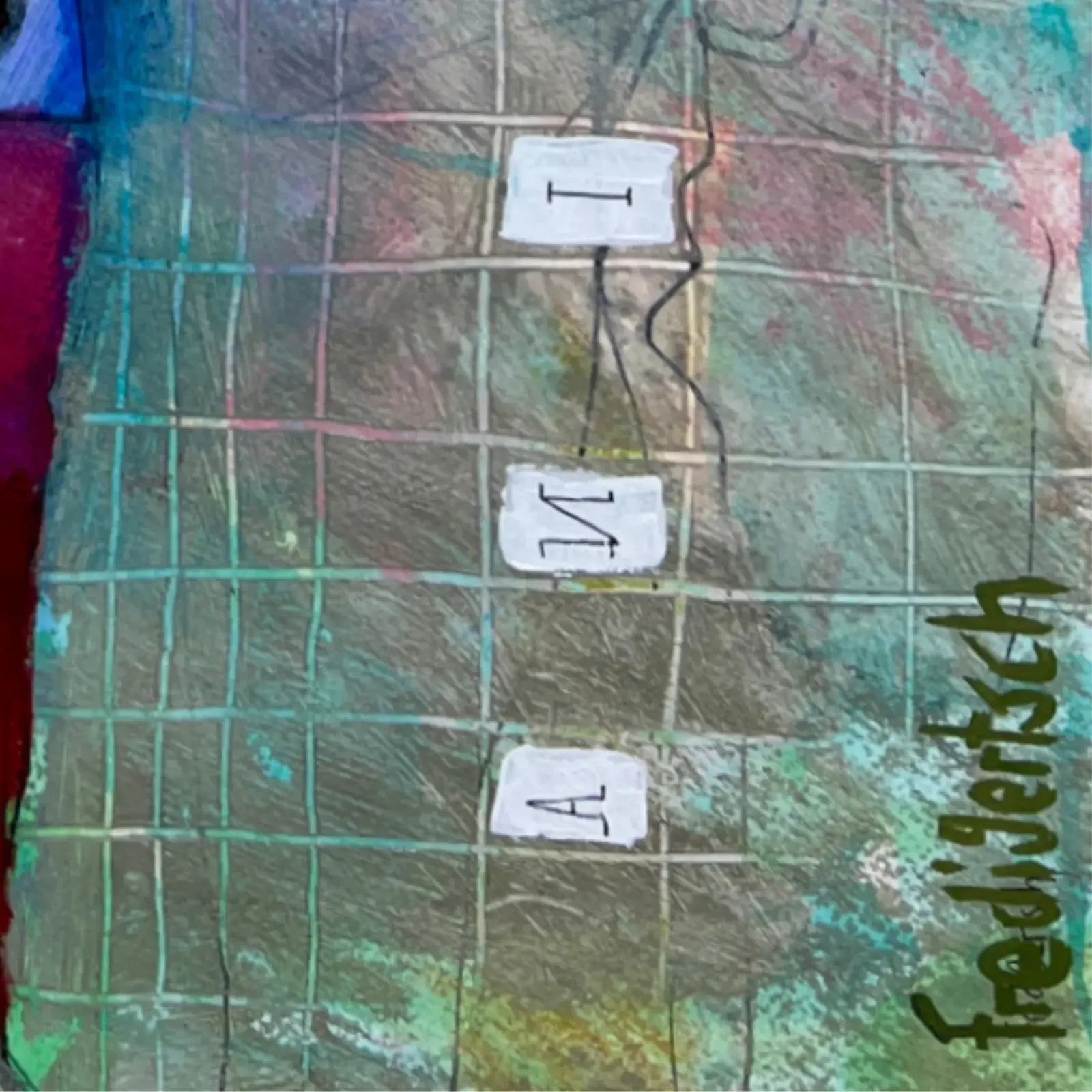 Detail Collage-Elemente und Signatur, Pop Art Acrylgemälde VogelLisi – Green Peace, Fredi Gertsch, 2026