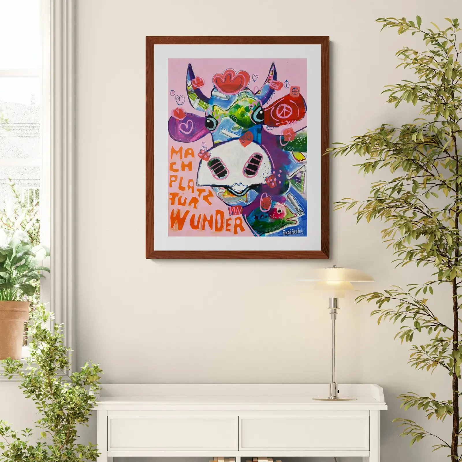 VogelLisi – Mach Platz fuers Wunder von Fredi Gertsch, Pop Art Wandbild im hellen Raum, 2026