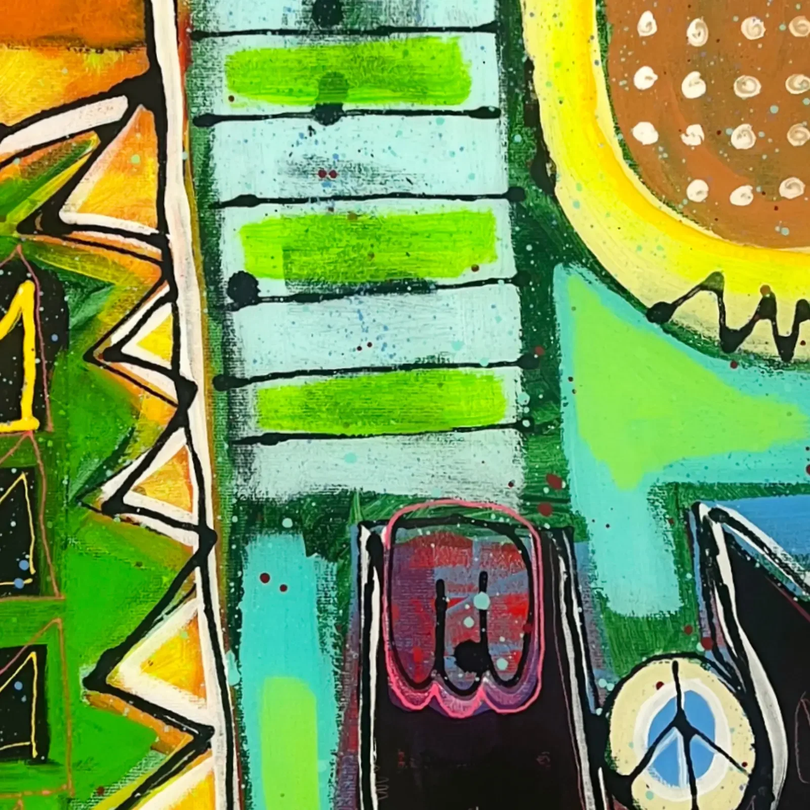 Detail Krokodil und Peace-Zeichen, Pop Art Acrylgemälde Crocodile Dundee, Fredi Gertsch, 2024