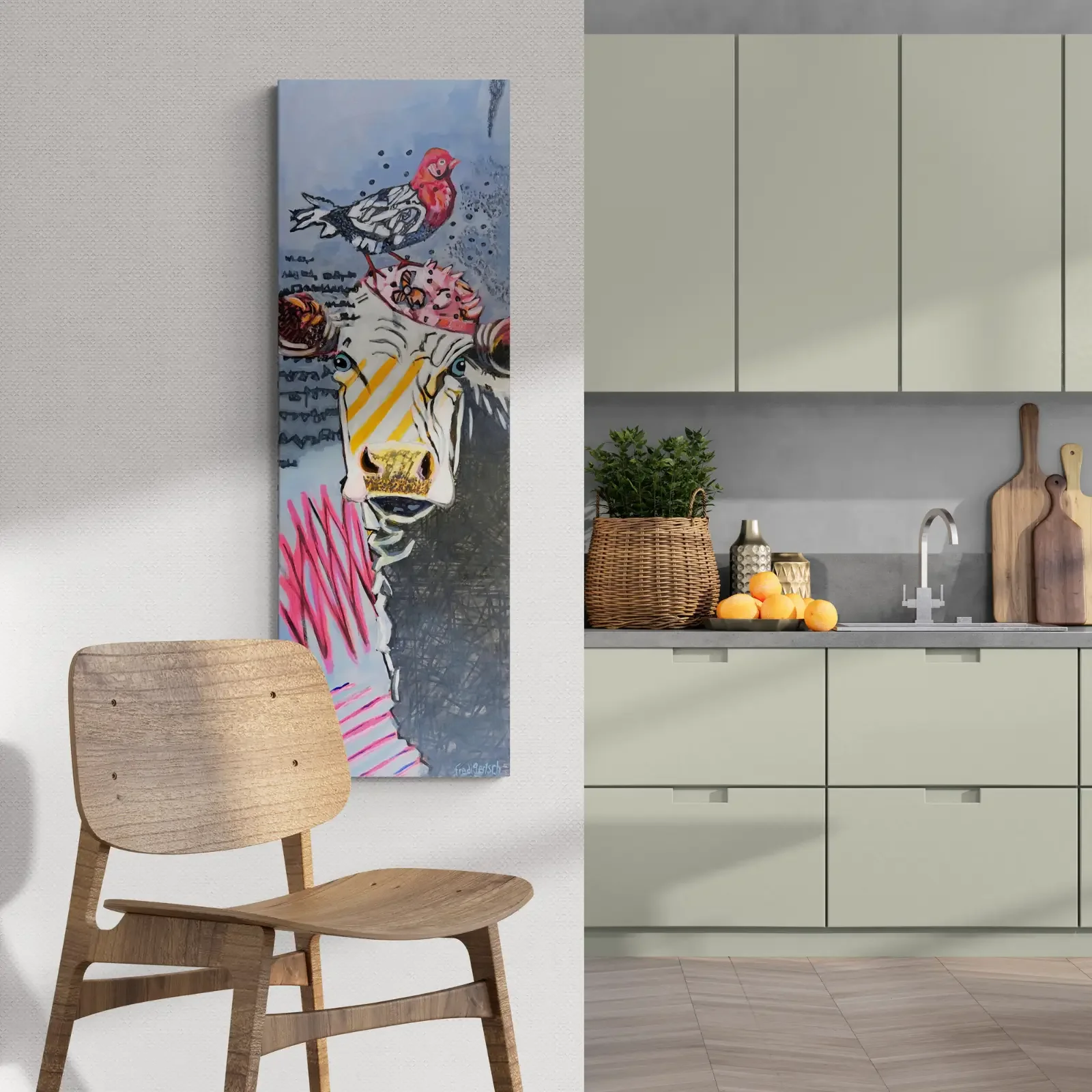 Baby Bird, Pop Art Acrylgemälde von Fredi Gertsch, Wandbild in moderner Küche, Schweizer Kunst, 2023