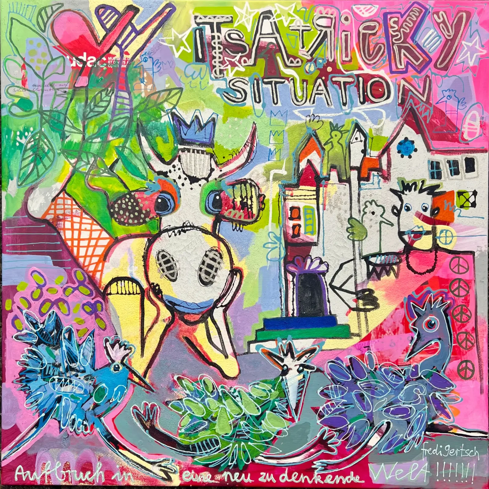 It’s a tricky situation, Pop Art Acrylgemälde mit Kuh, Krone, Häusern und Vögeln, Collage-Stil, Fredi Gertsch, 2024