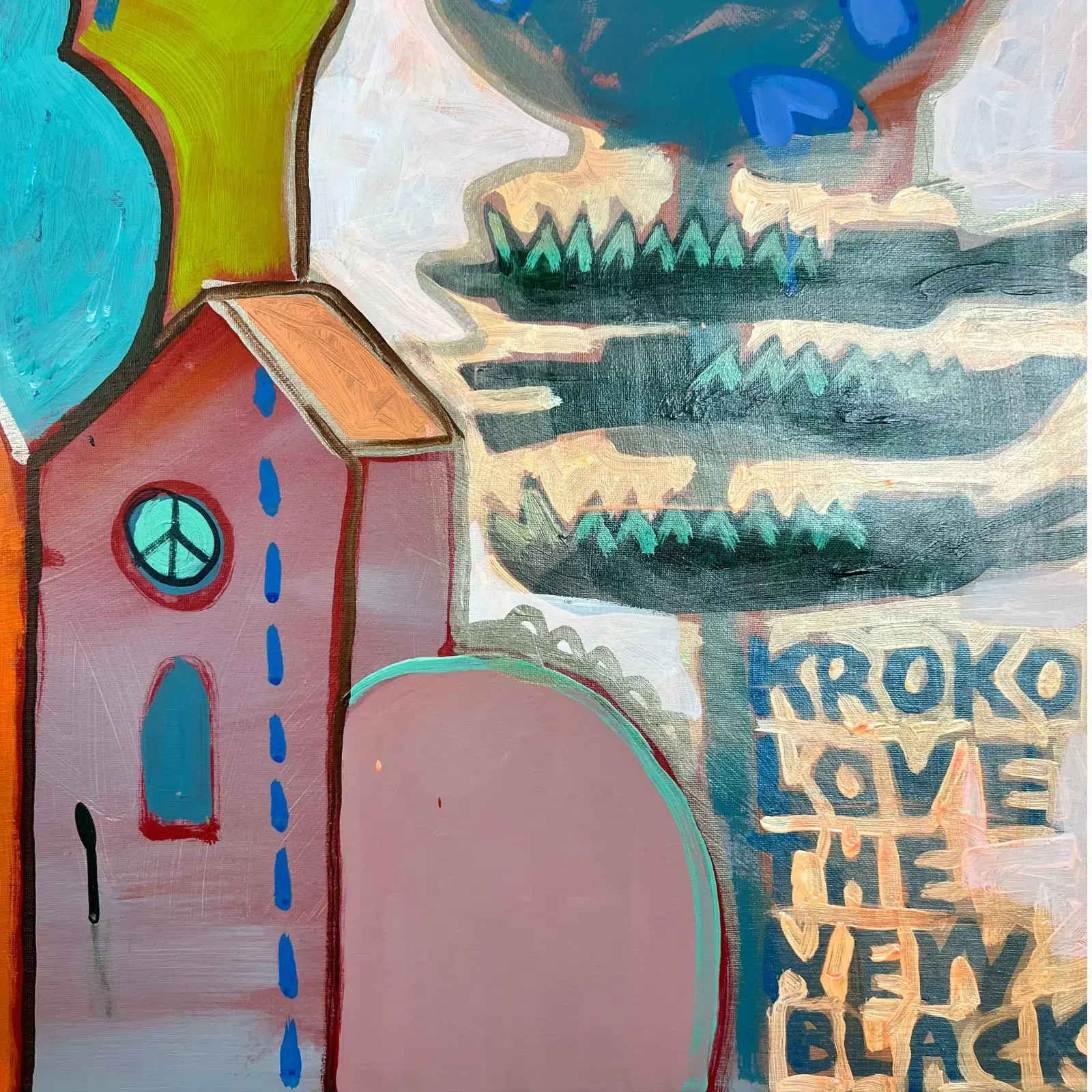 Detail Häuser und Schriftzug KROKO LOVE THE NEW BLACK, Pop Art Acrylgemälde Kroko Love, Fredi Gertsch, 2026