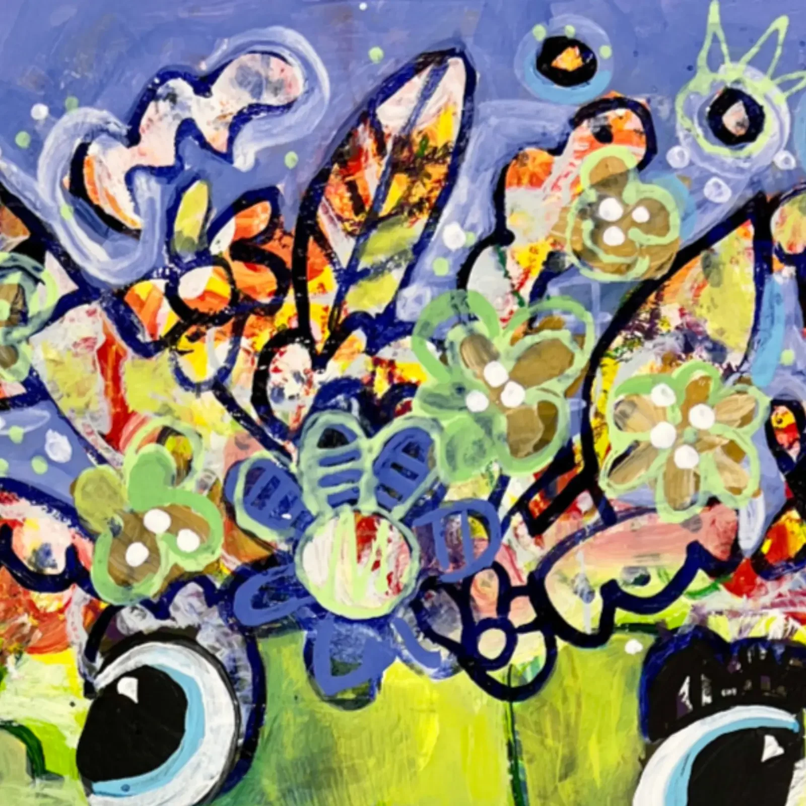 Detail Blumenkranz und florale Muster, Pop Art Acrylgemälde VogelLisi – No Limits, Fredi Gertsch, 2026