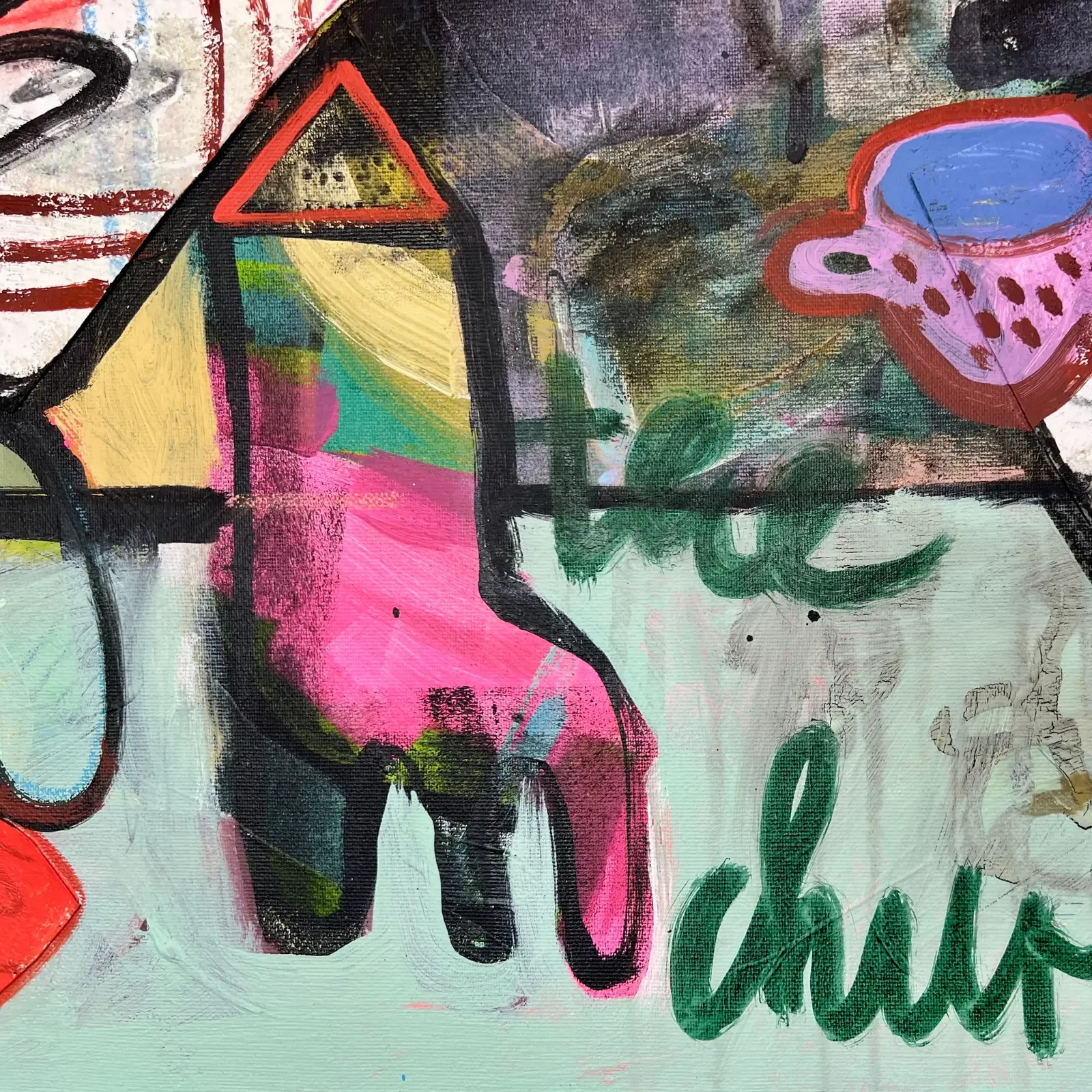 Detail Haus-Symbol, Farbflächen und Schriftzug, Pop Art Acrylgemälde On Sunday Milks The Church, Fredi Gertsch, 2026