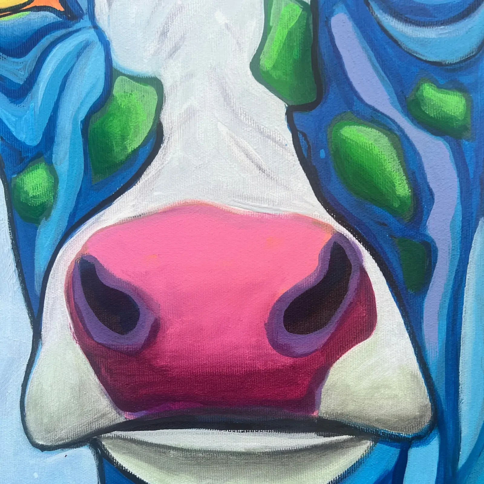 Detail pinke Schnauze und Kuhgesicht, Pop Art Acrylgemälde Sunshine & Friends, Fredi Gertsch, 2023
