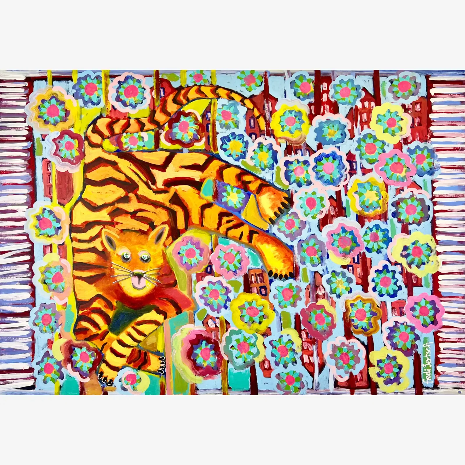 Tiger auf dem Teppich, Pop Art Acrylgemälde auf Leinwand mit Tiger und buntem Blumenteppich, Fredi Gertsch, 2024