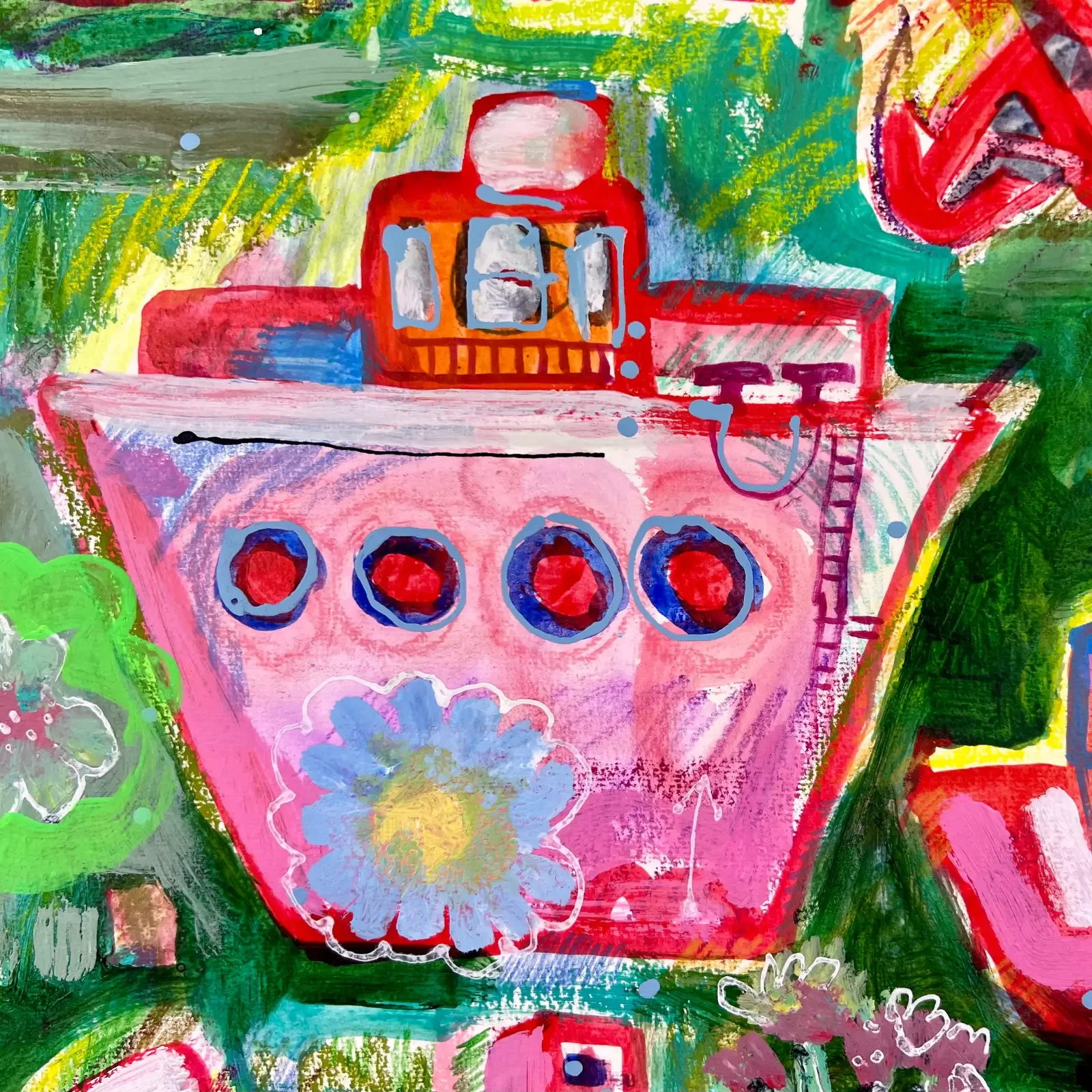 Detail buntes Schiff mit rotem Schornstein, Pop Art Acrylgemälde Schiff ahoi im Blütenmeer, Fredi Gertsch, 2024