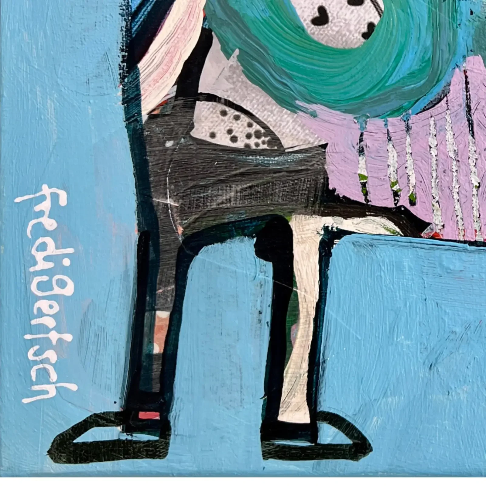 Detail Beine und Signatur, Pop Art Acrylgemälde Blue Crown Cow, Fredi Gertsch, 2026