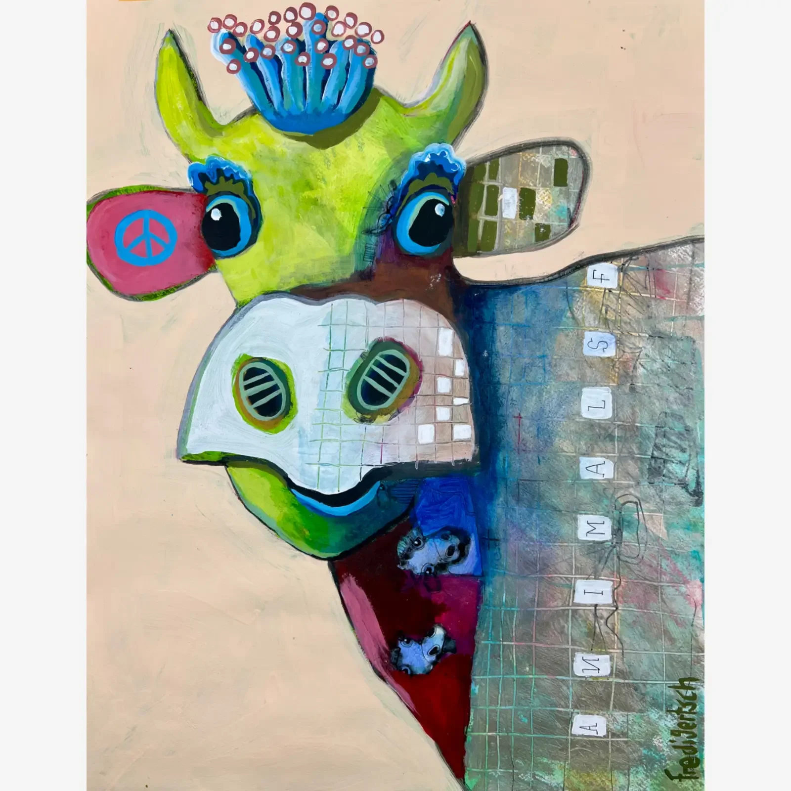 VogelLisi – Green Peace, Pop Art Acrylgemälde auf Papier mit grüner Kuh, blauer Krone und Peace-Zeichen, Fredi Gertsch, 2026