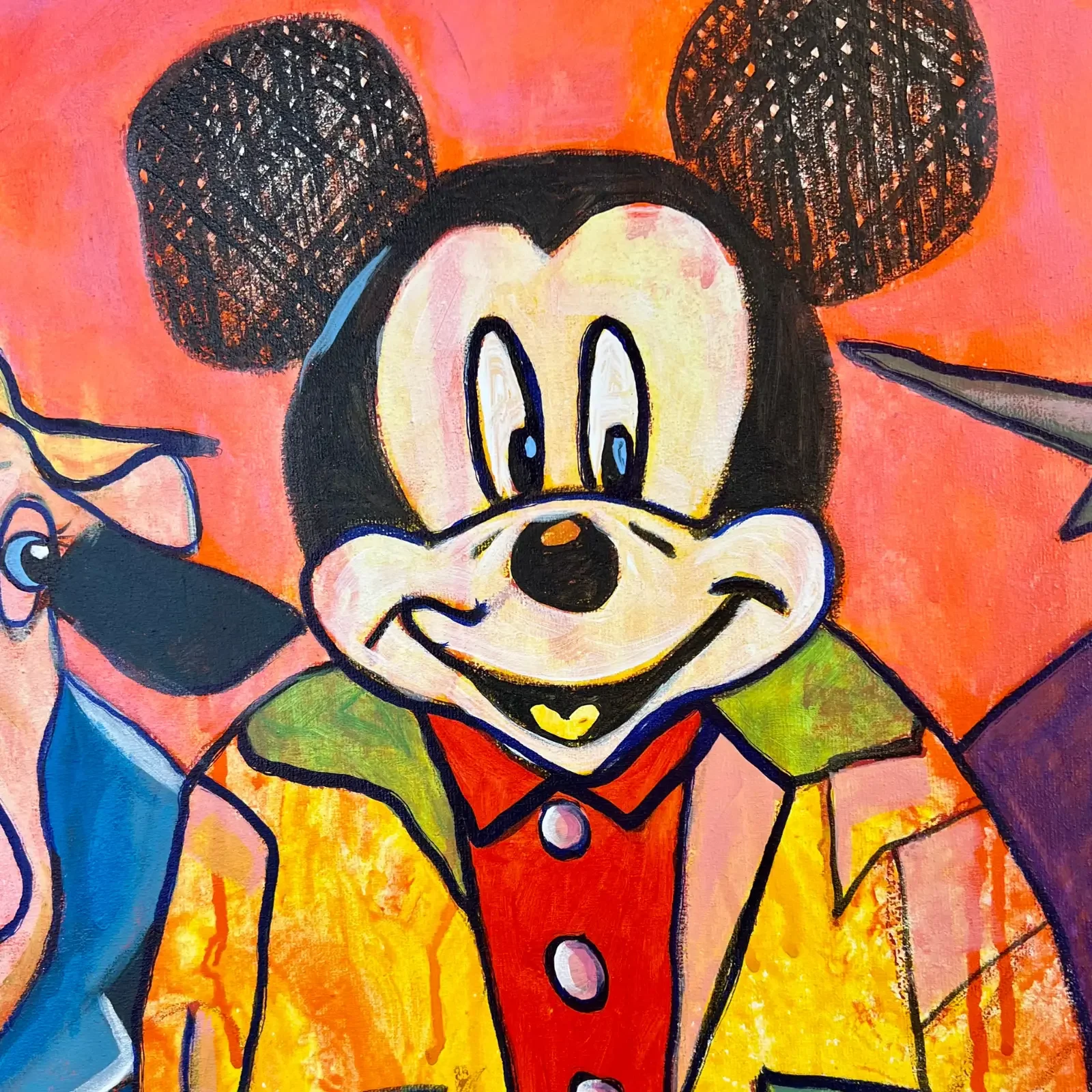 Detail Mickey-Figur mit gelber Jacke, Pop Art Acrylgemälde Friends With Benefits, Fredi Gertsch, 2023