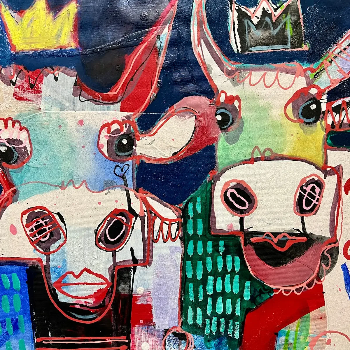 Detail: Kuhgesichter mit Kronen und kräftigen Linien, Originalgemälde Just Us Two – Crown & Cow von Fredi Gertsch (2026)