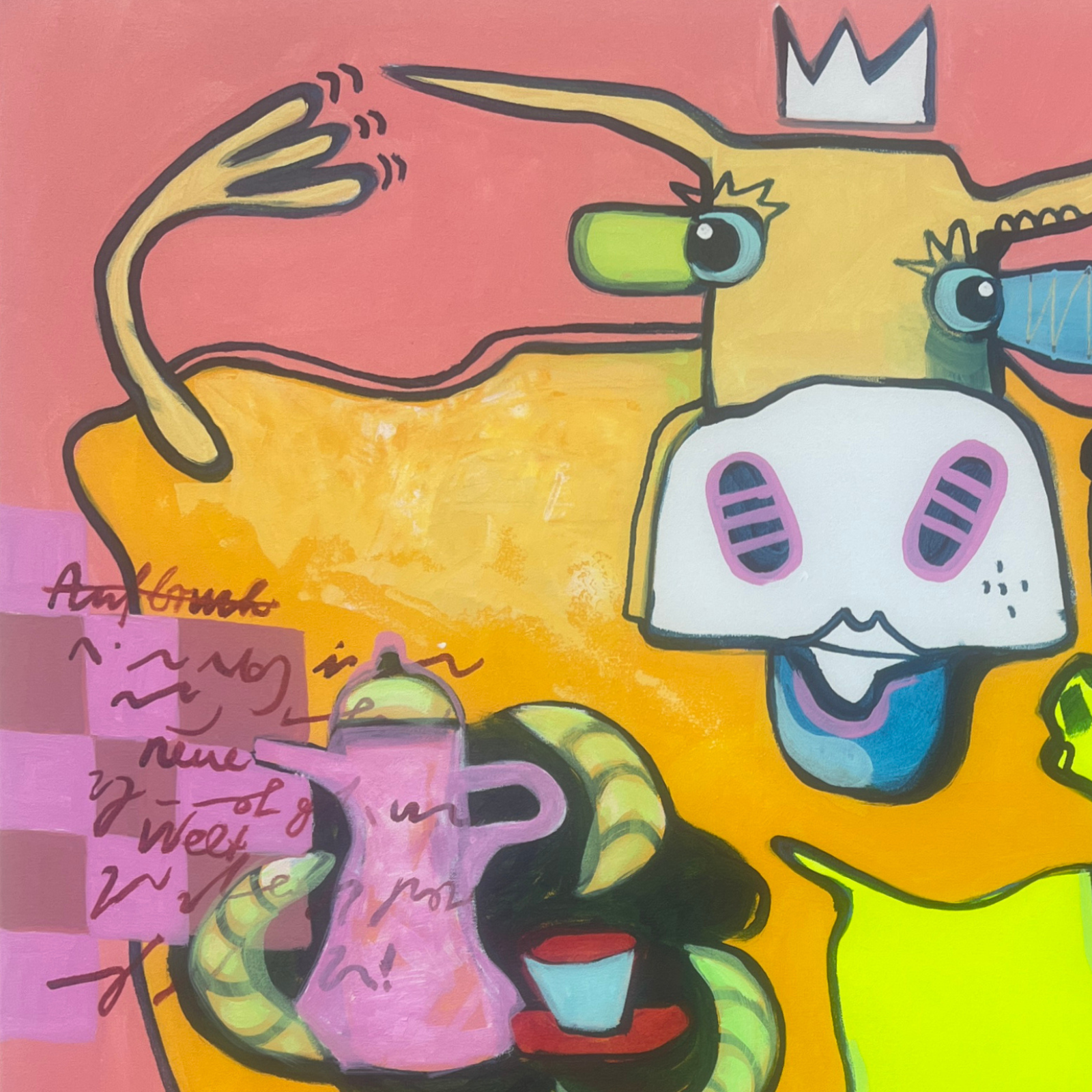 Detail aus KrokoLove – Crown & Croco, gekrönte Kuh und Farbschichten, Original 2026 von Fredi Gertsch, Acryl auf Leinwand