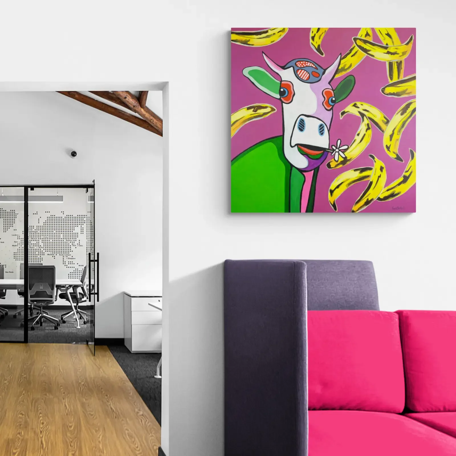 Baby Meets Andy, Pop Art Acrylgemälde von Fredi Gertsch, Wandbild im modernen Wohnzimmer, Schweizer Kunst, 2024