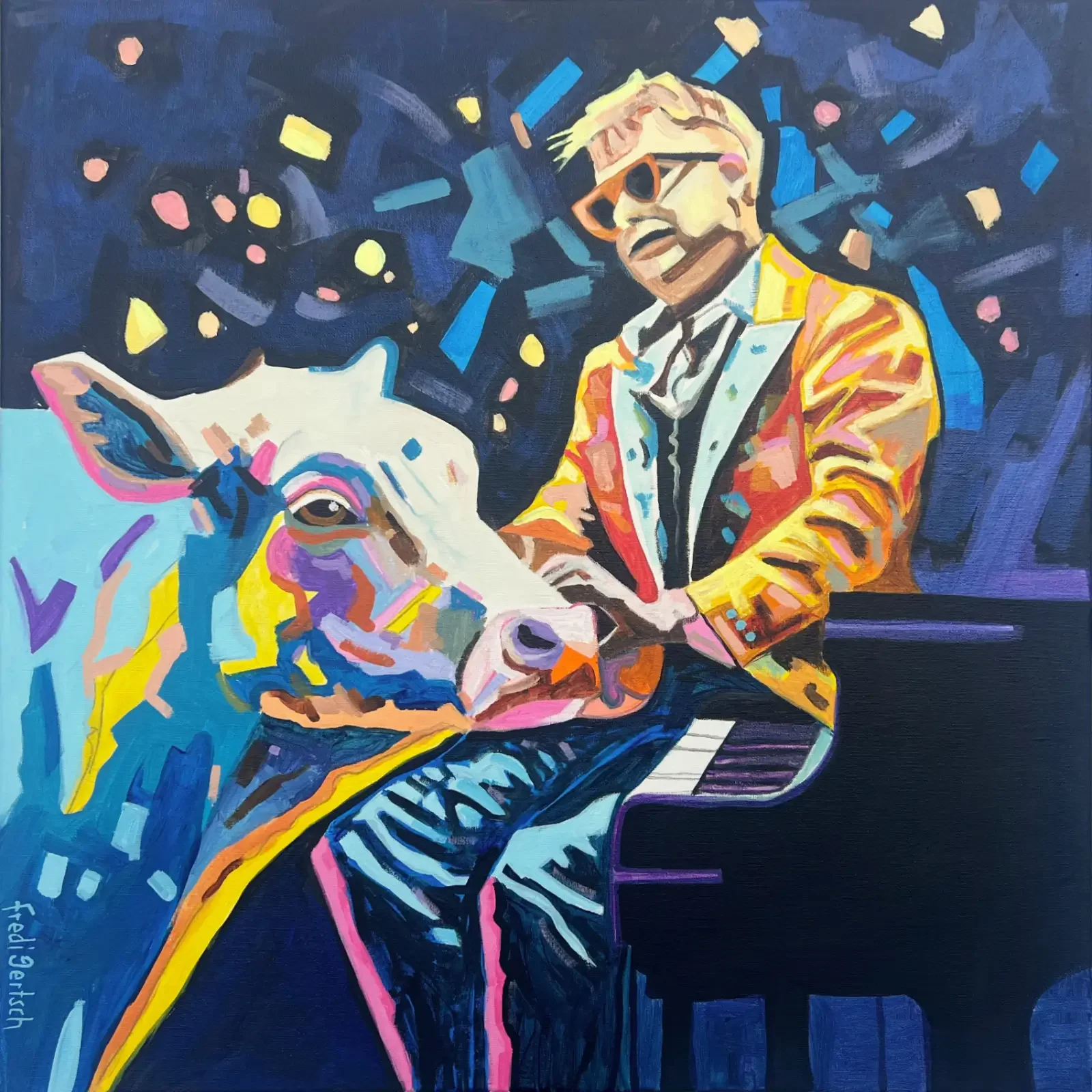 Elton & John, Pop Art Acrylgemälde auf Leinwand mit Musiker am Klavier und Kuh, bunte Farben, Fredi Gertsch, 2023