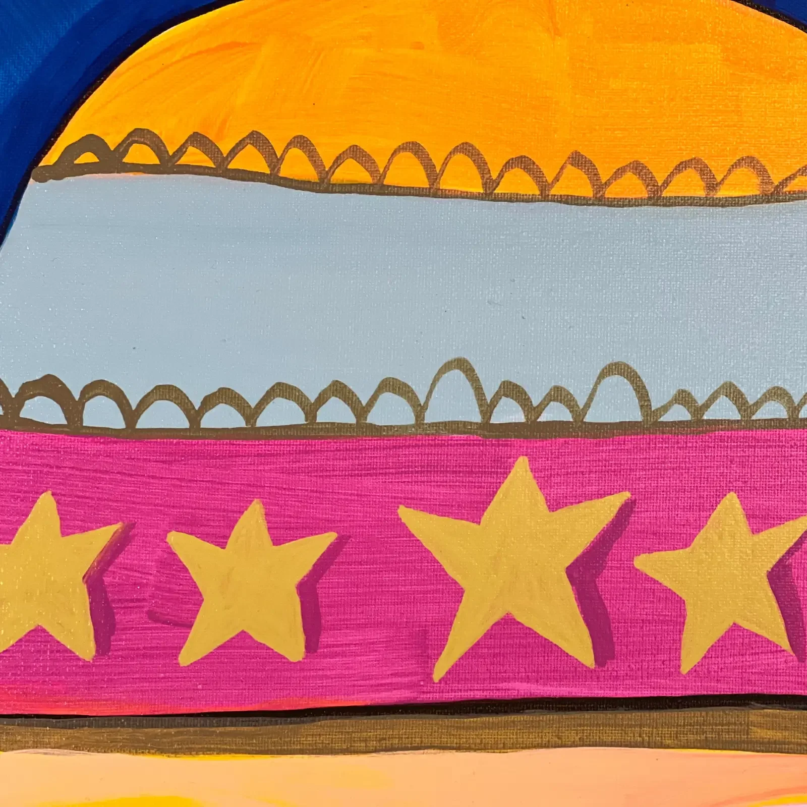 Detail Muster und Sterne am Rand, Pop Art Acrylgemälde VogelLisi – No Milk Today, Fredi Gertsch, 2023