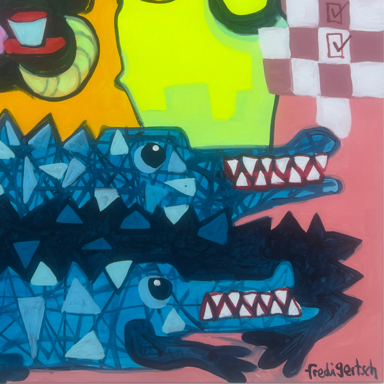 Detail aus KrokoLove – Crown & Croco, blaues Krokodil mit Zähnen, Originalgemälde 2026 von Fredi Gertsch, Acryl auf Leinwand