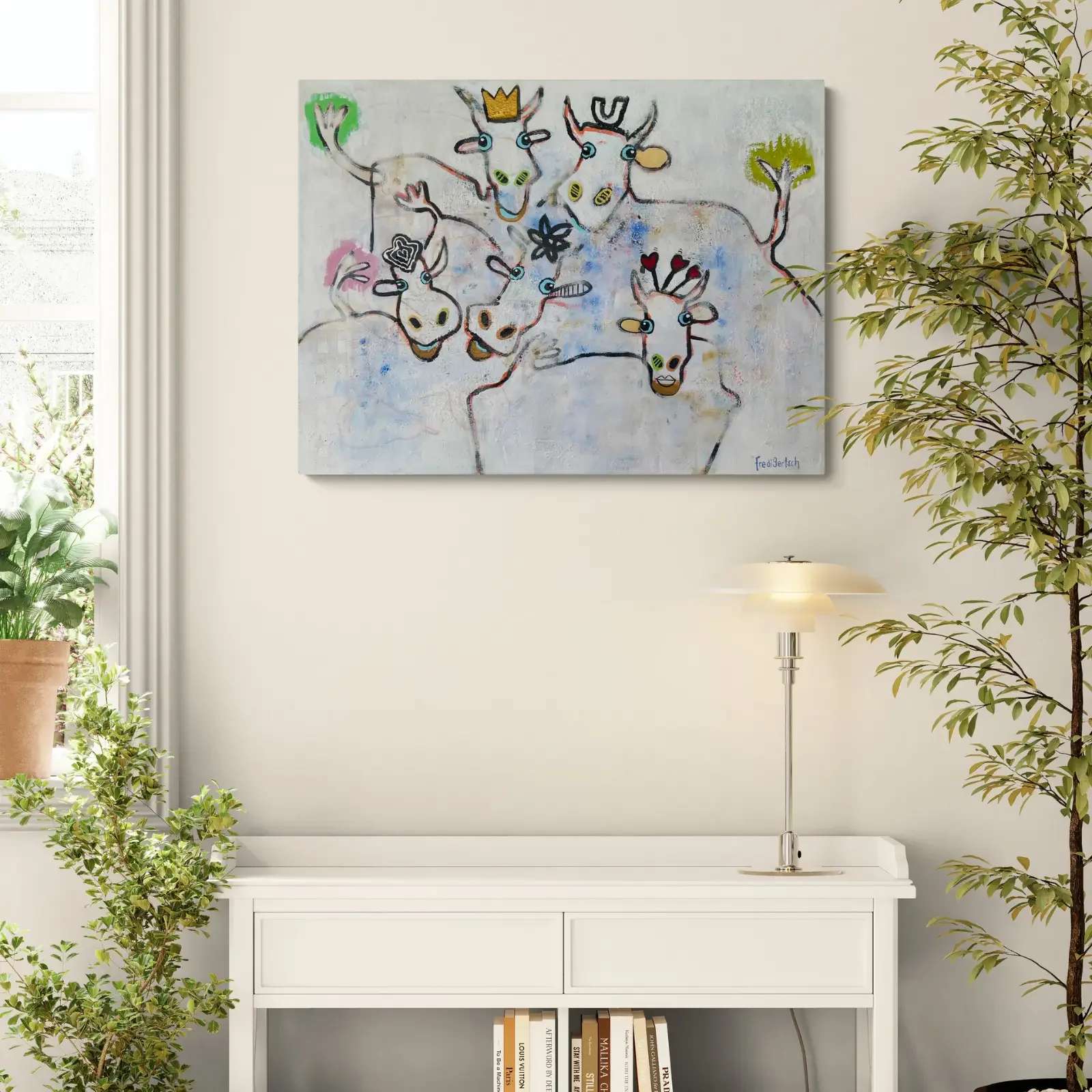 We Are Family – Herde mit Herz von Fredi Gertsch, Pop Art Wandbild im Wohnzimmer über Sideboard, 2026