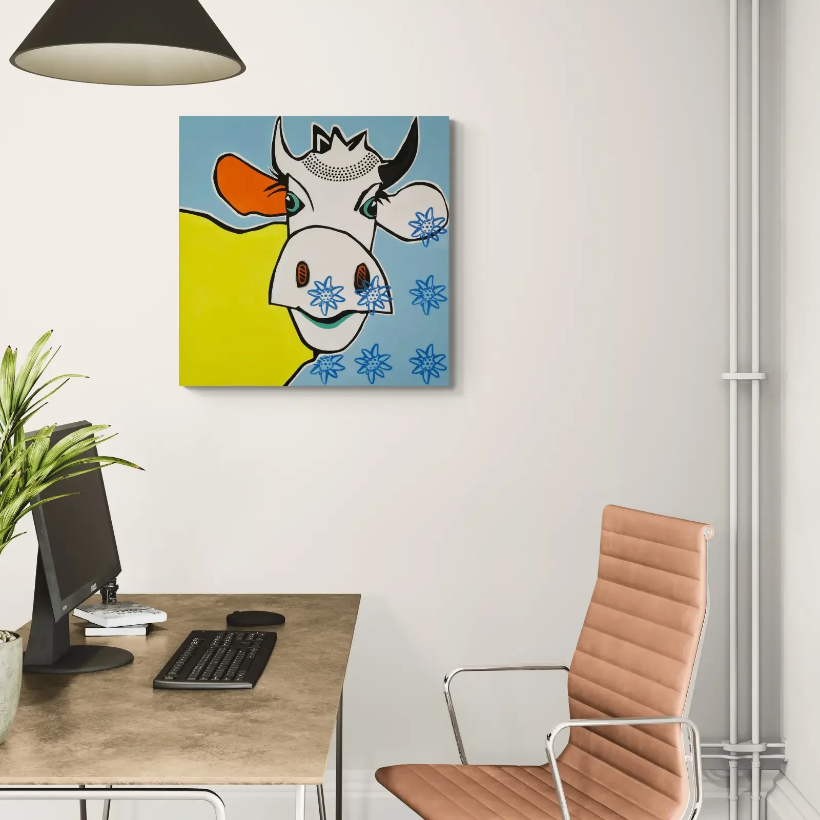 VogelLisi – Edelweiss von Fredi Gertsch, Pop Art Wandbild im Homeoffice, 2019