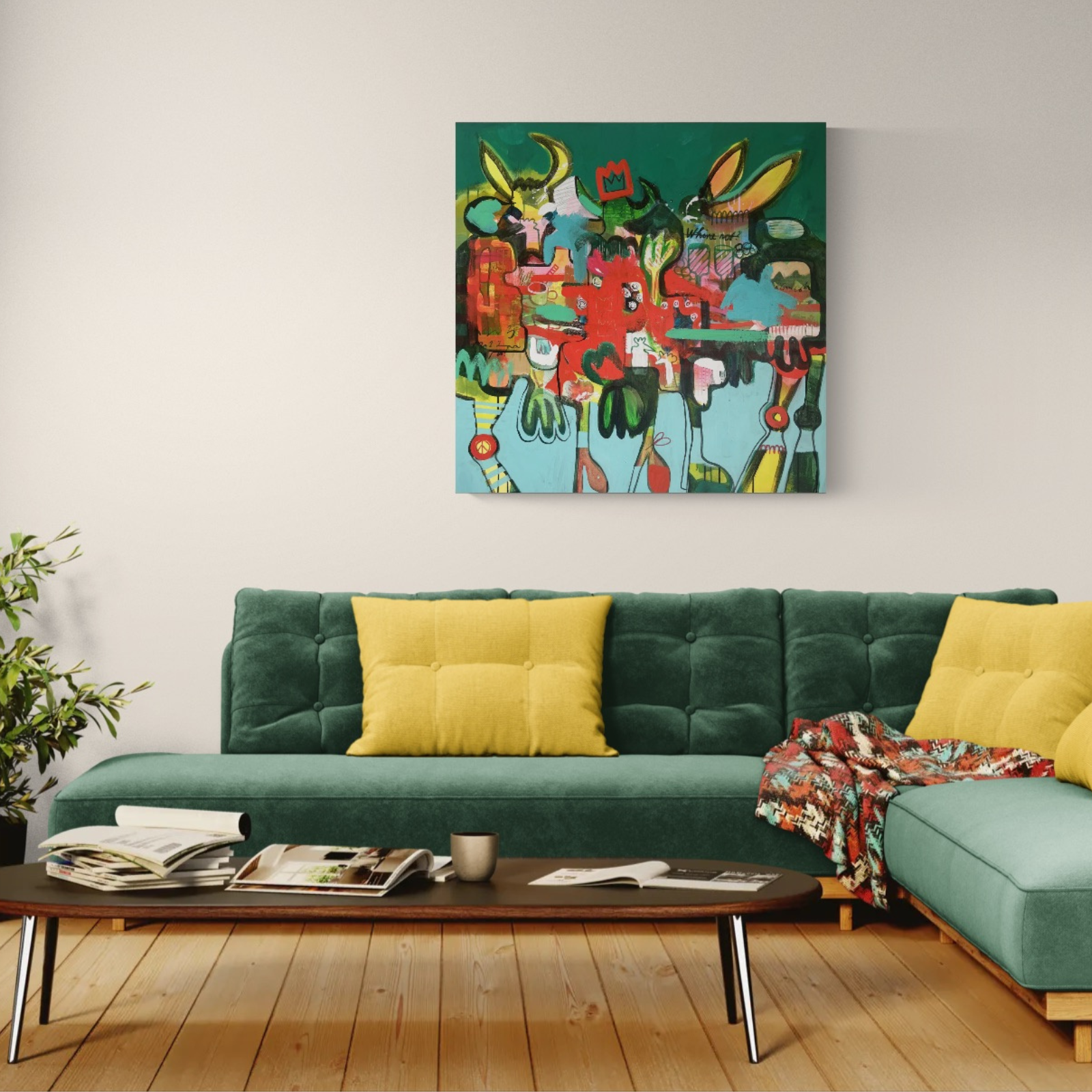 Happy Rebels – Wild Kingdom, Originalbild 100 × 100 cm, über einem grünen Sofa 5. Detail mit Hase