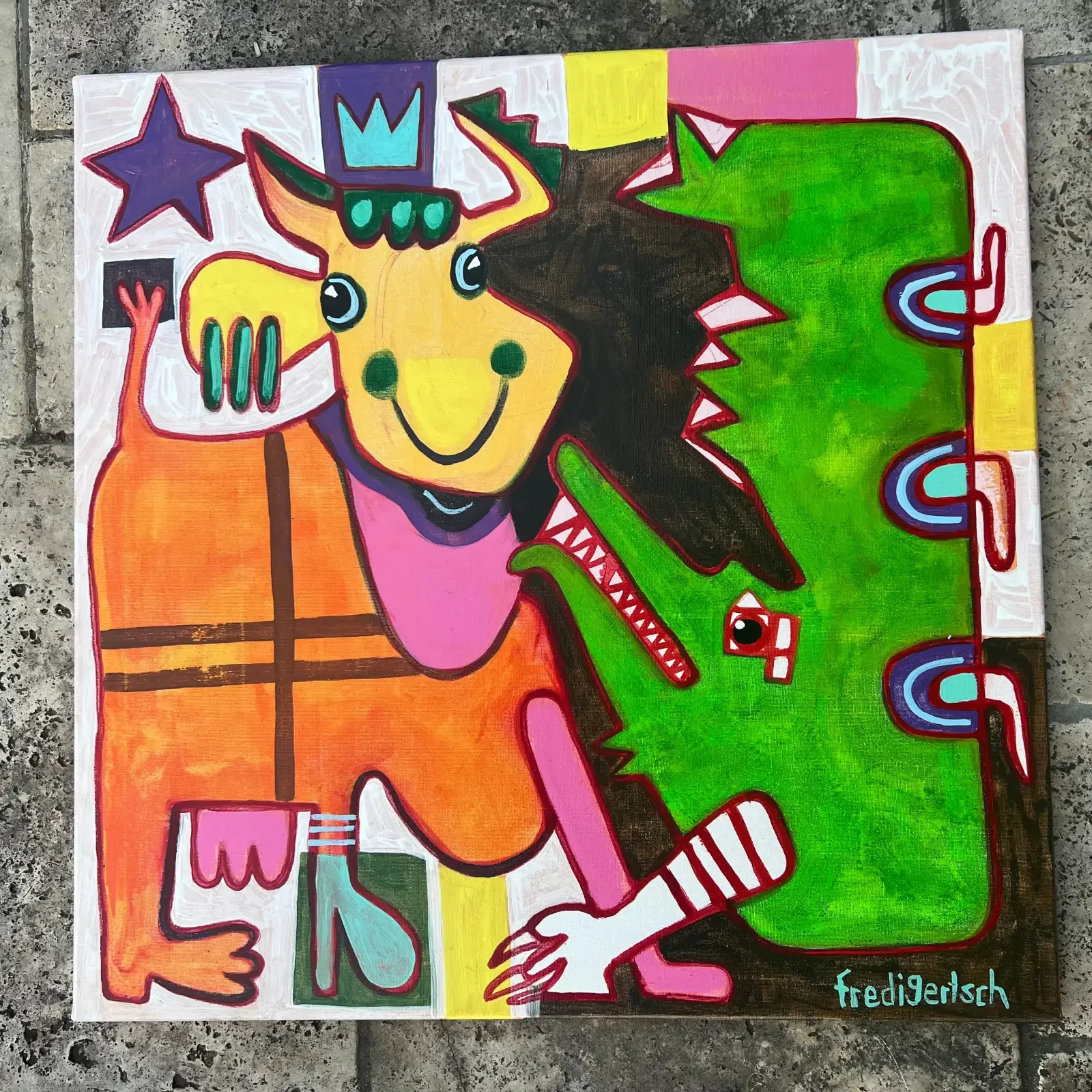 Crocodile Dundee, Pop Art Acrylgemälde auf Leinwand, Gesamtansicht mit Kuh und Krokodil, Fredi Gertsch, 2023