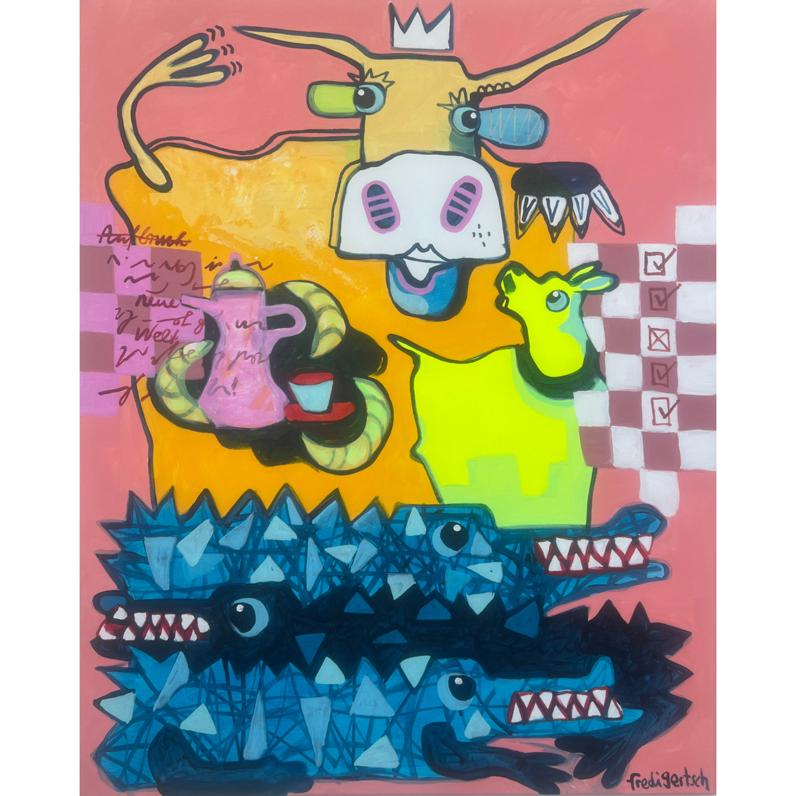 KrokoLove – Crown & Croco, Originalgemälde 2026 von Fredi Gertsch, Acryl auf Leinwand, 80x100 cm, Kuhmotiv mit Krone und blauem Krokodil